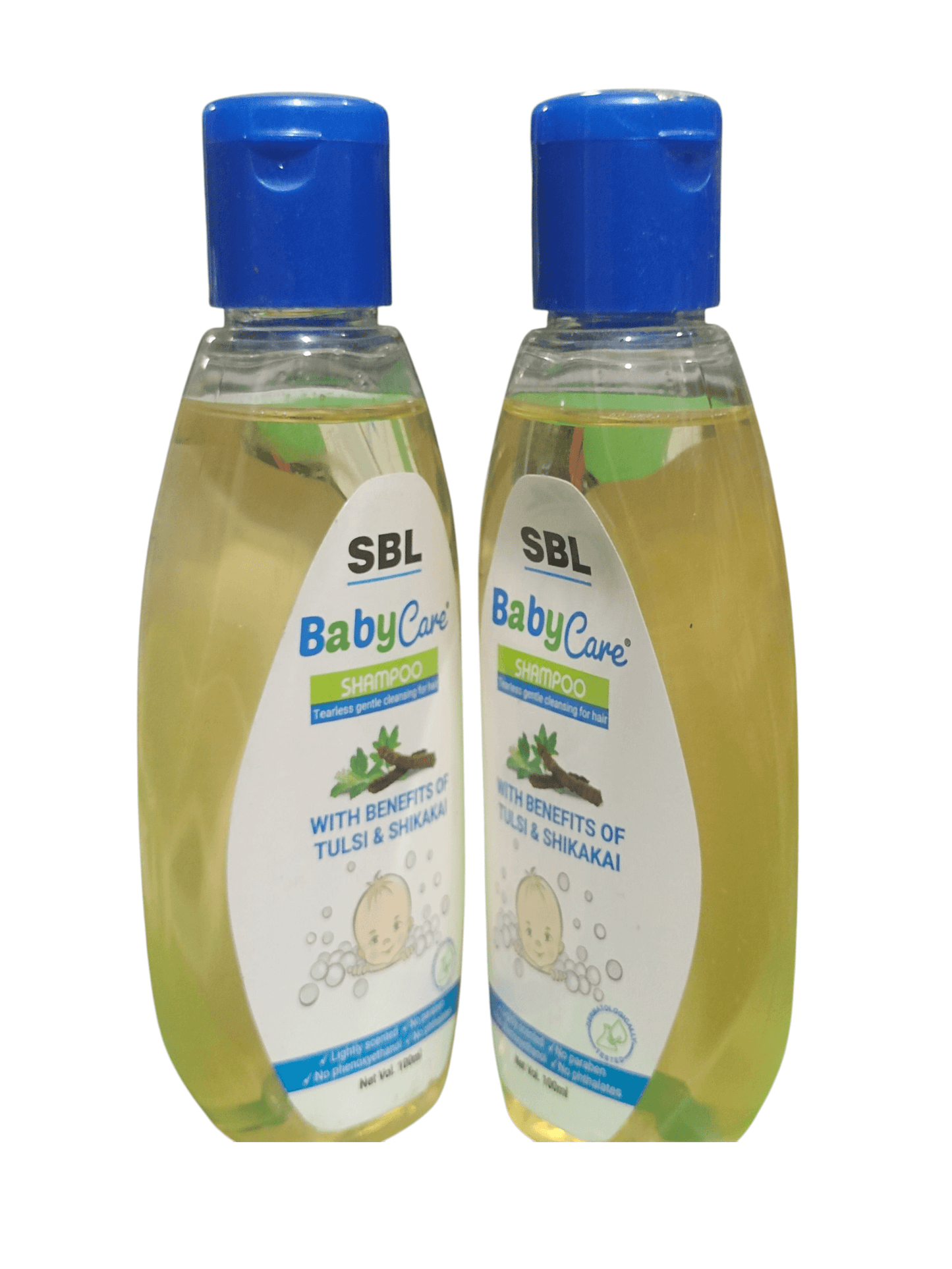 Two bottles of SBL Baby Care shampoo with blue lids on a white background