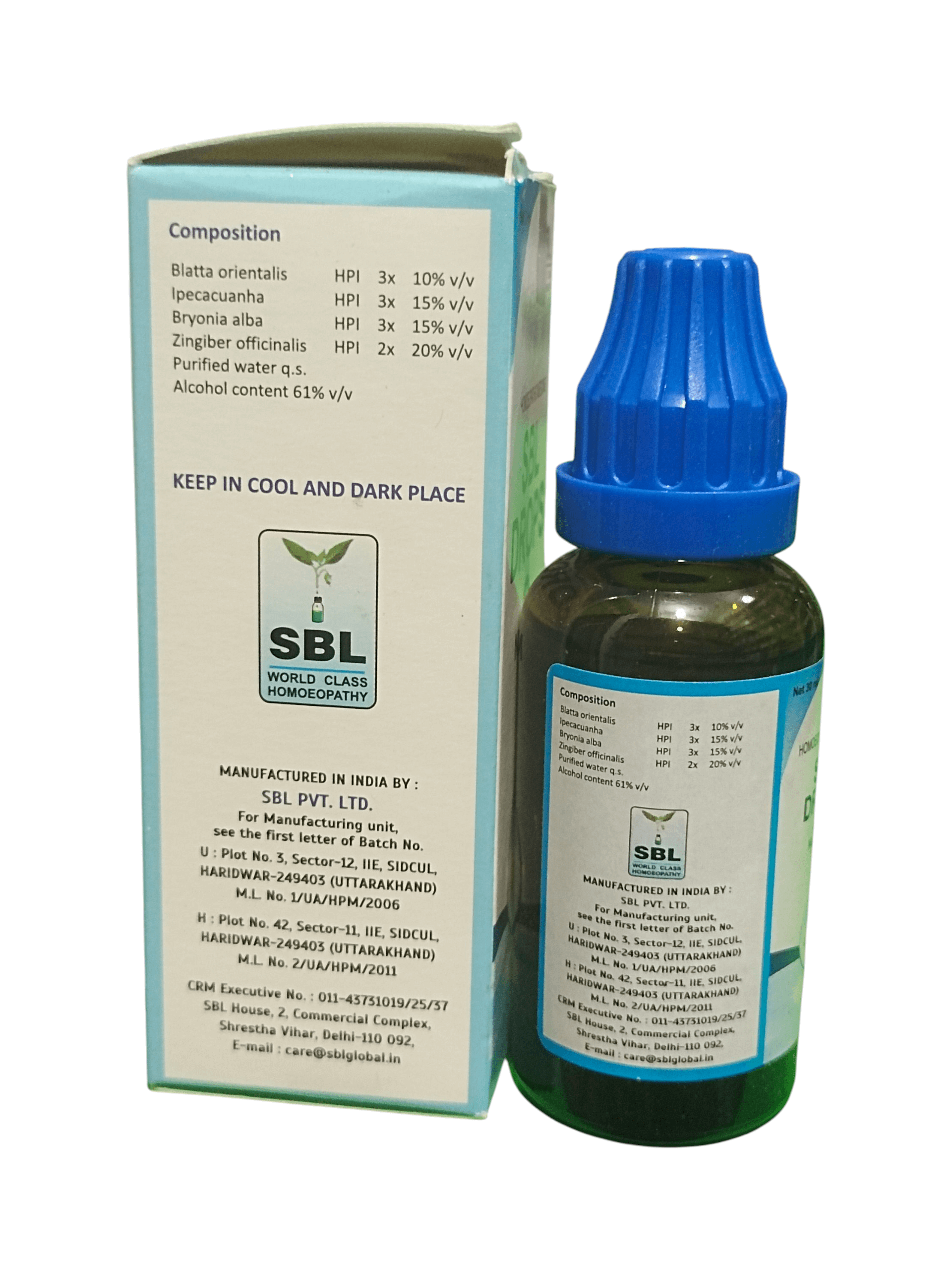 SBL eye drop bottle with packaging on a white background