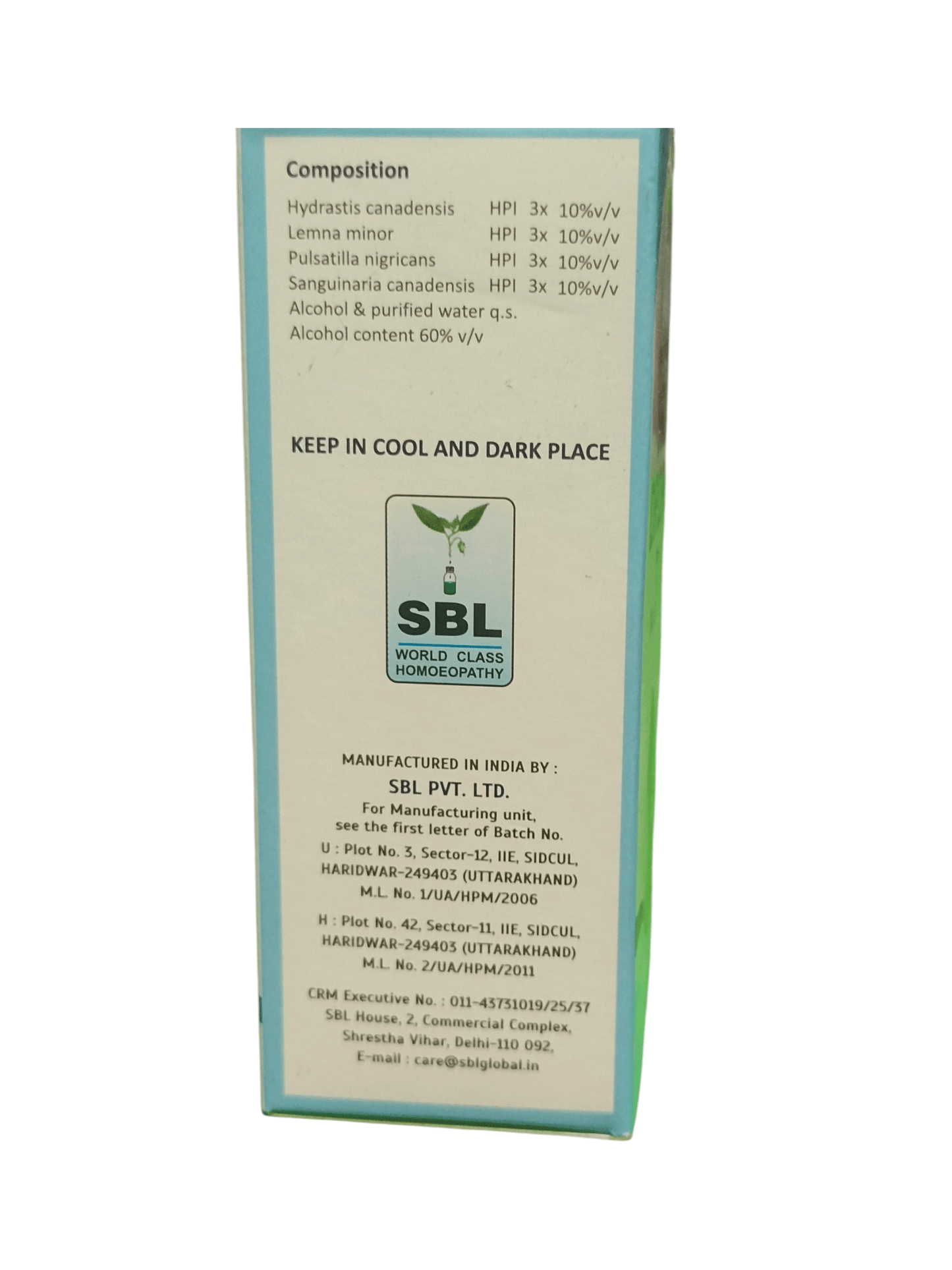 Back label of a SBL product packaging with text and logo.