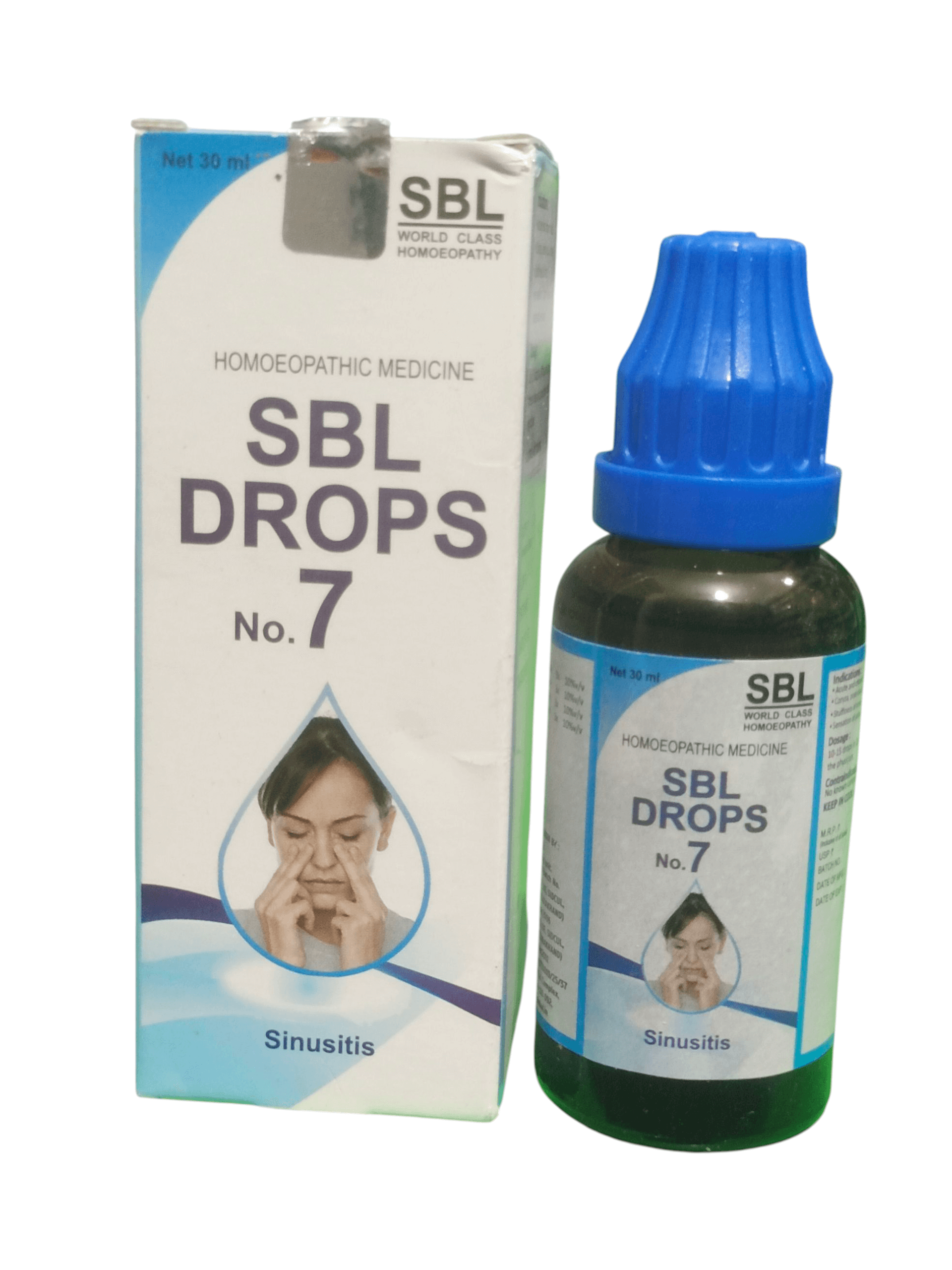 SBL Drops No. 7 homeopathic medicine packaging and bottle on a white background