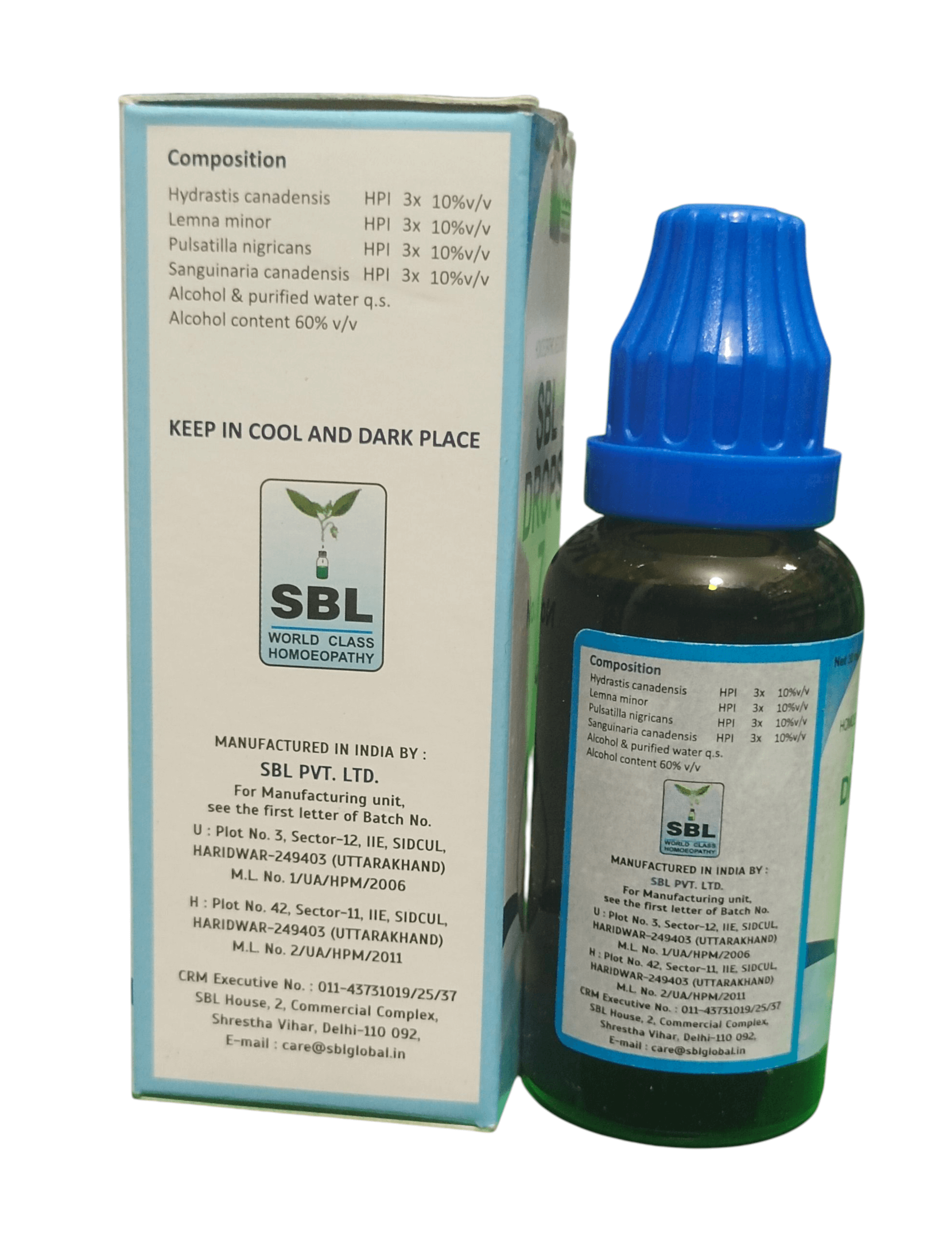 SBL bottle and box with blue cap and green liquid on a white background