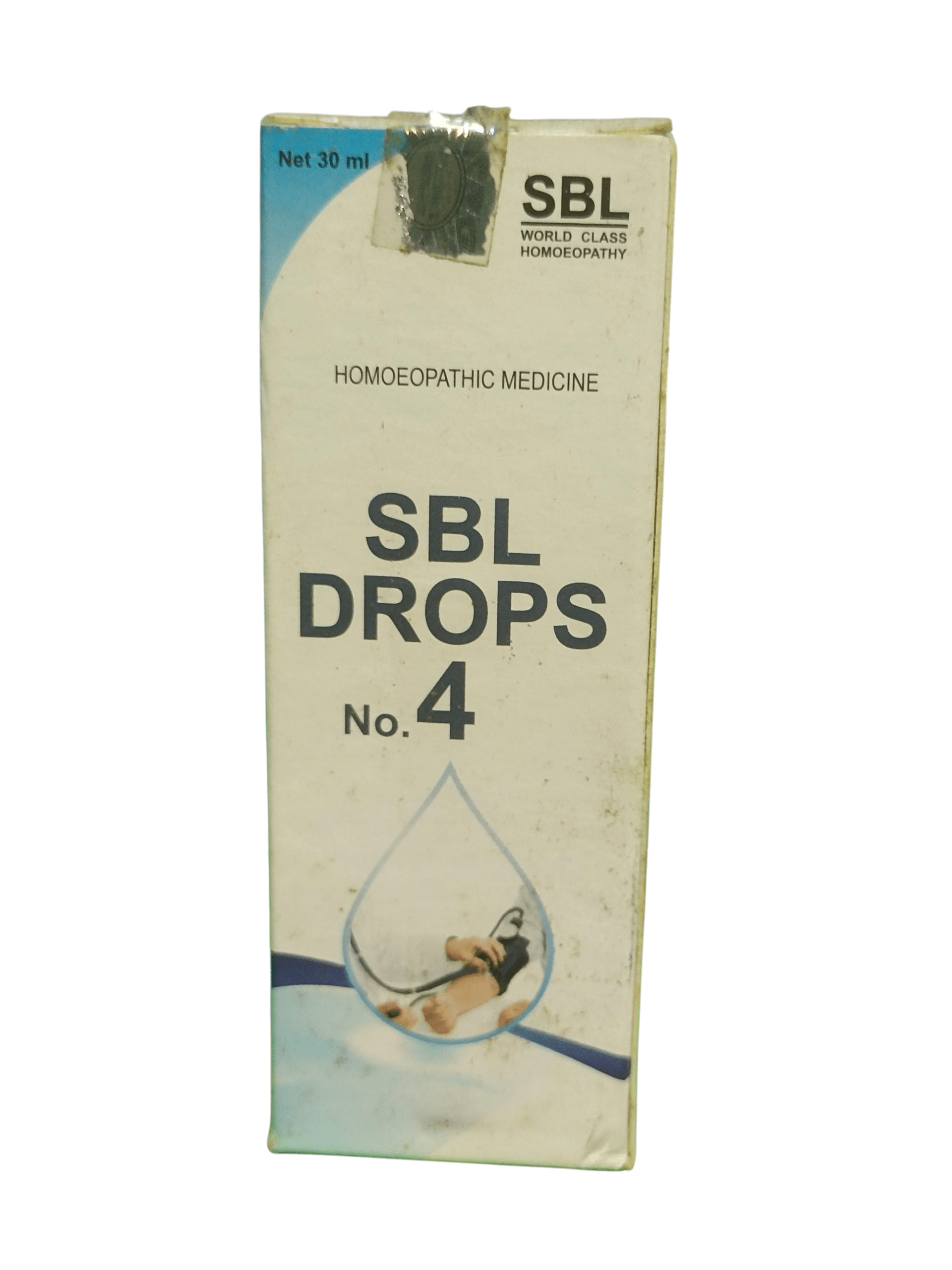 SBL Drops No. 4 packaging for homoeopathic medicine on a white background