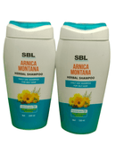Two bottles of SBL Arnica Montana Herbal Shampoo on a white background