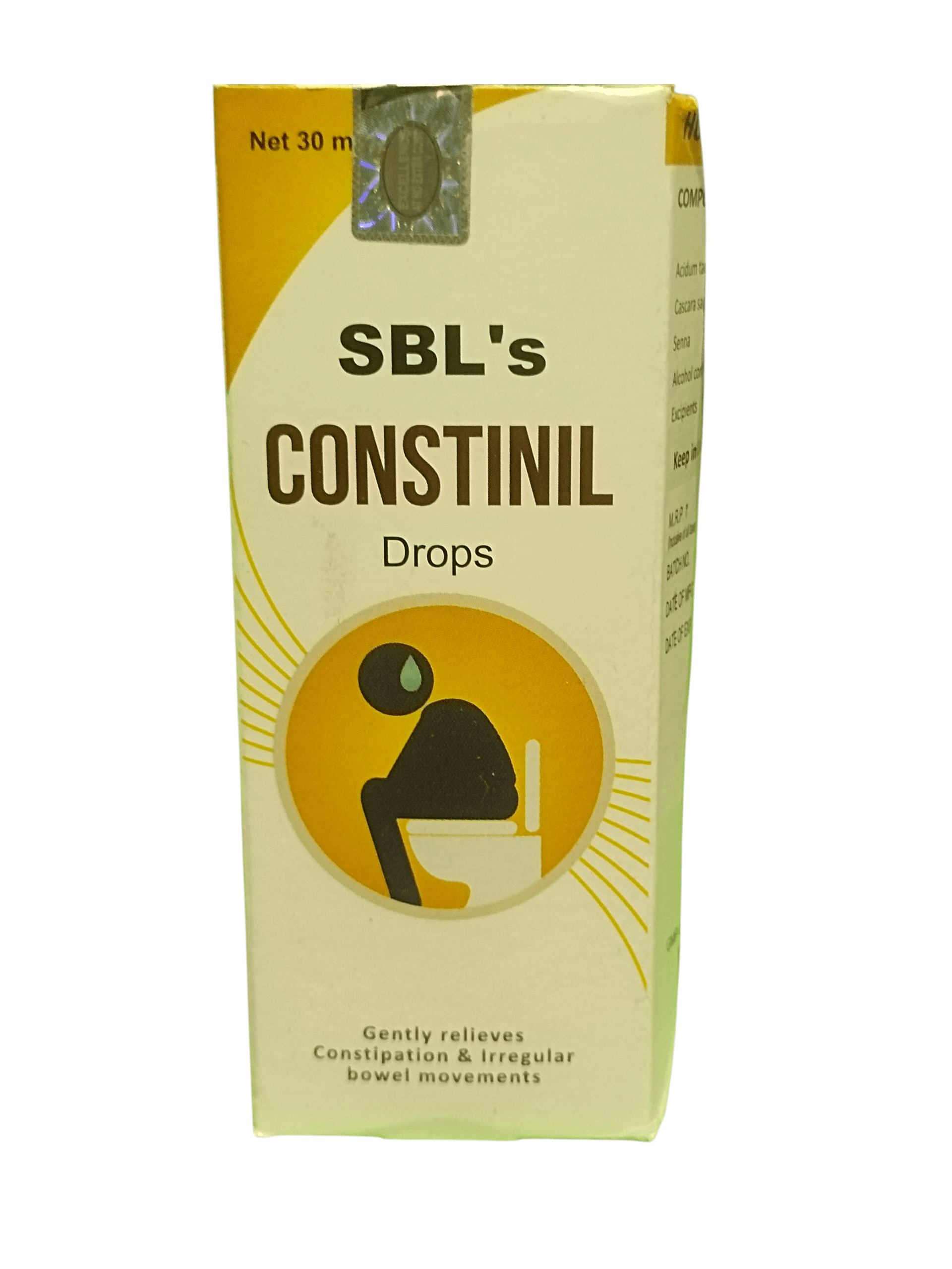 SBL CONSTINIL DROPS HOMEOPATHIC MEDICINE 30ML packaging designed for constipation relief.
