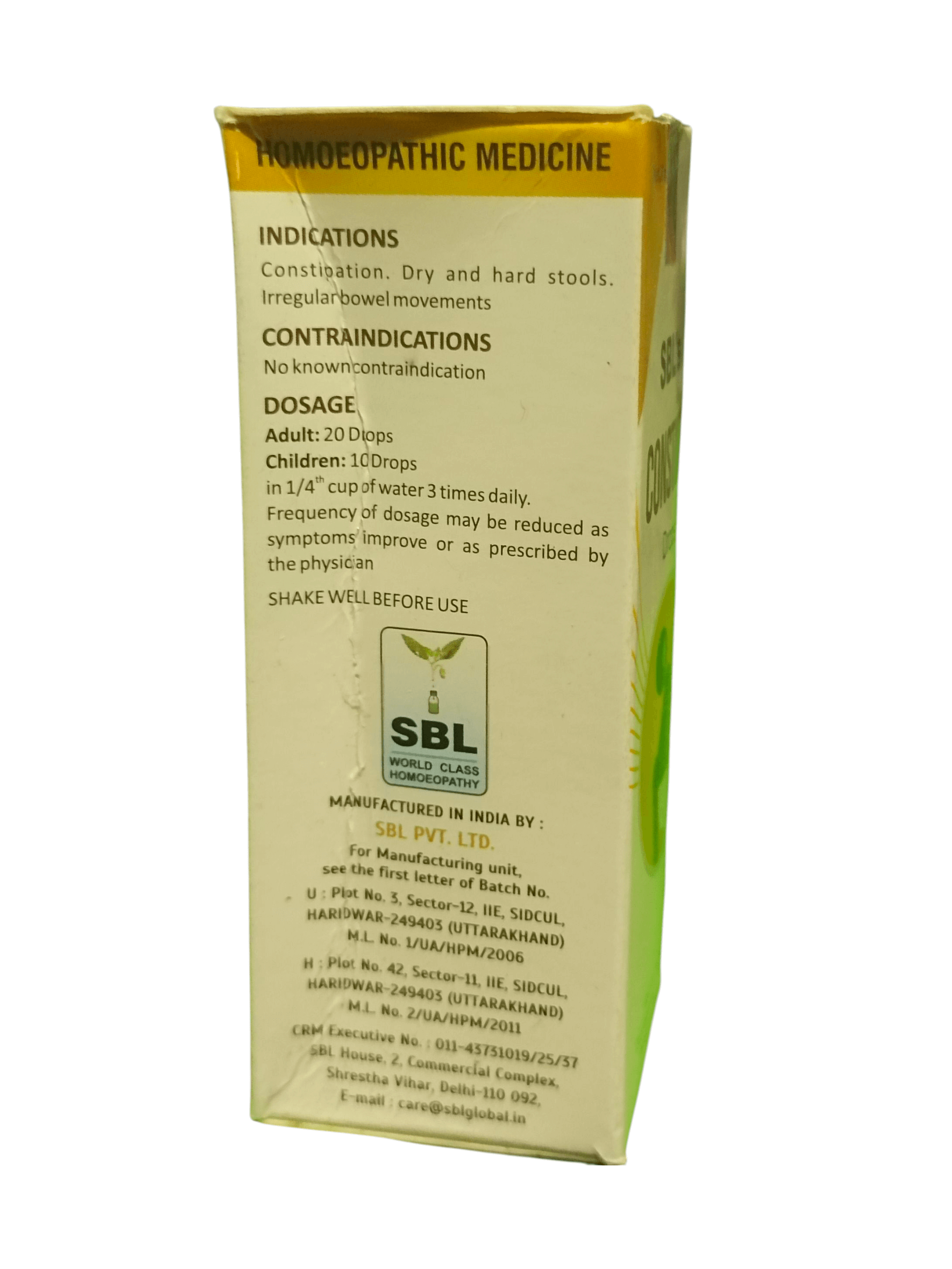 SBL CONSTINIL DROPS HOMEOPATHIC MEDICINE 30ML packaging rear view with indications and dosage instructions.