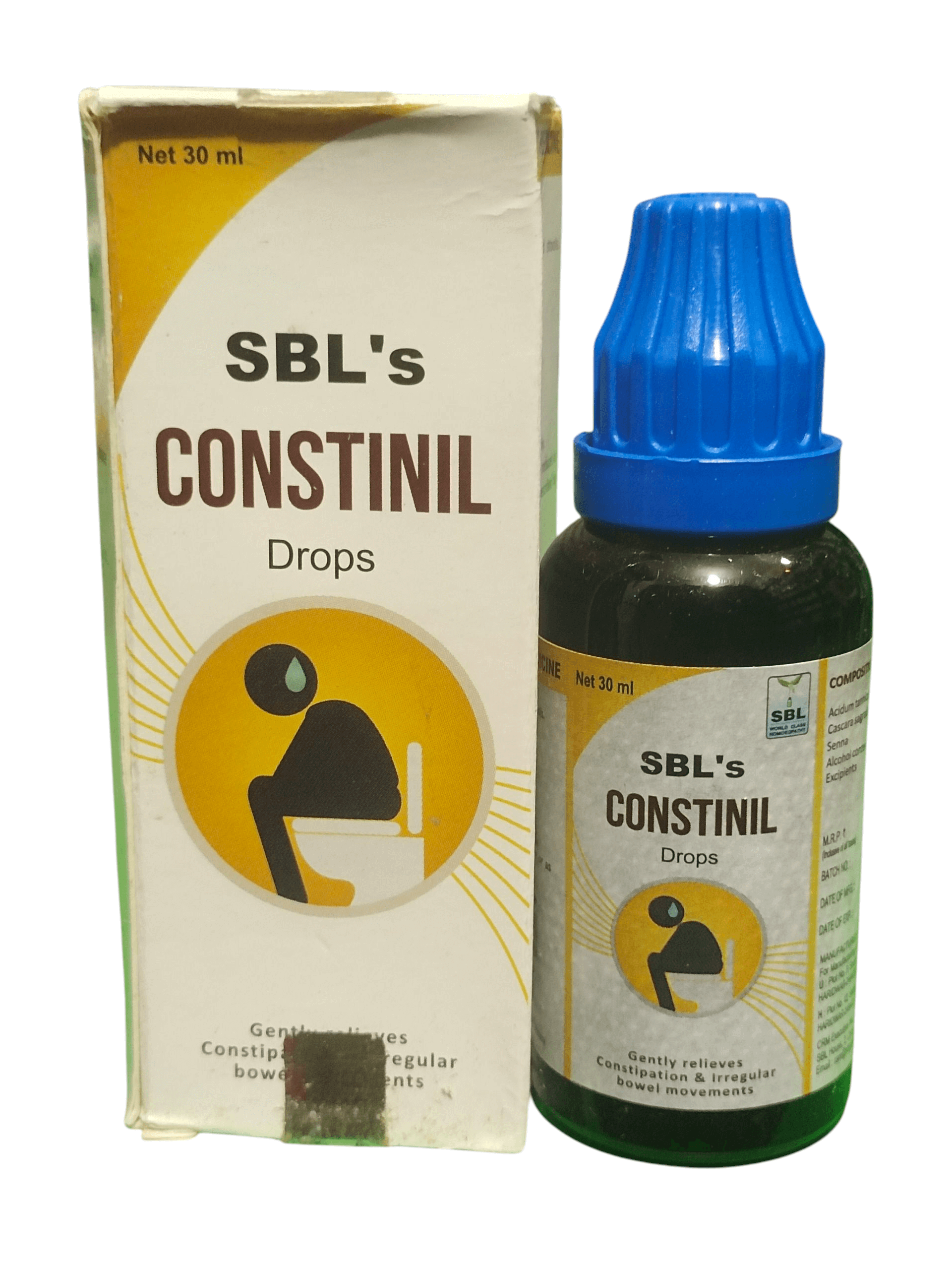 SBL CONSTINIL DROPS HOMEOPATHIC MEDICINE 30ML in a dropper bottle for constipation relief.
