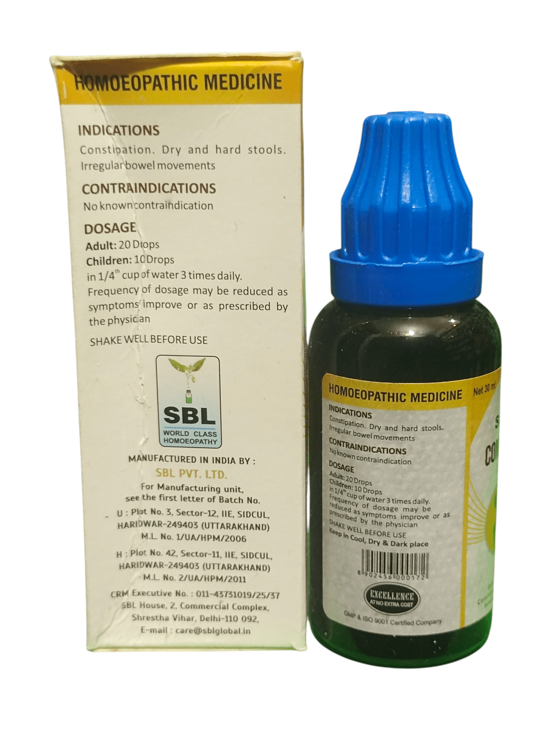 SBL CONSTINIL DROPS HOMEOPATHIC MEDICINE 30ML bottle and packaging with dosage information.