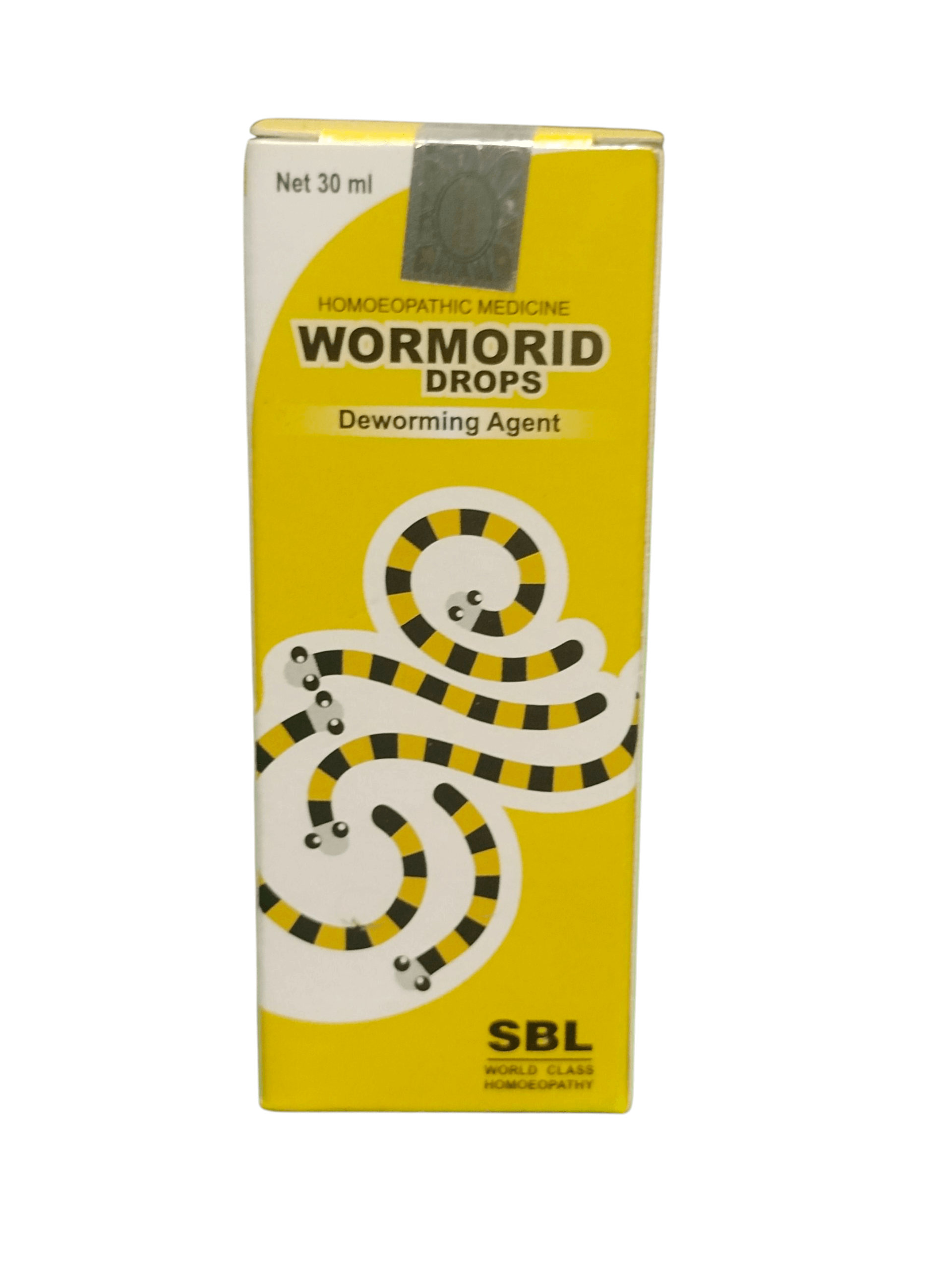SBL WORMORID DROPS HOMEOPATHIC MEDICINE 30ML packaging for intestinal worms and digestive discomfort.