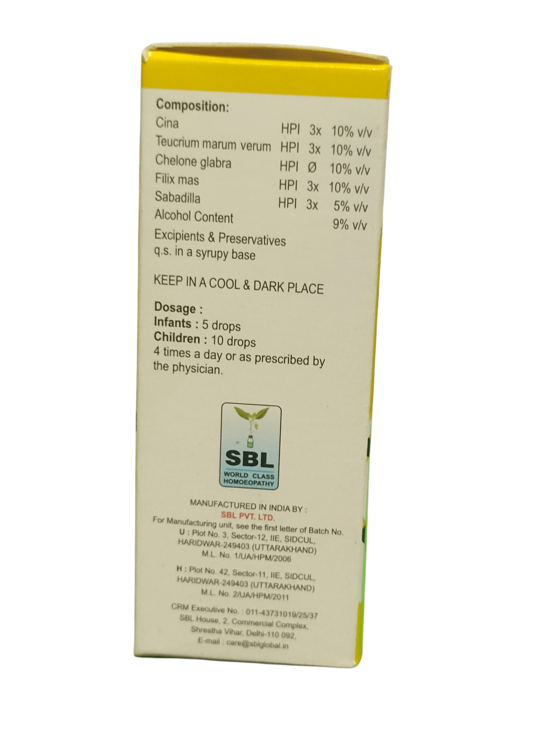 SBL WORMORID DROPS HOMEOPATHIC MEDICINE 30ML product composition and dosage information on packaging.