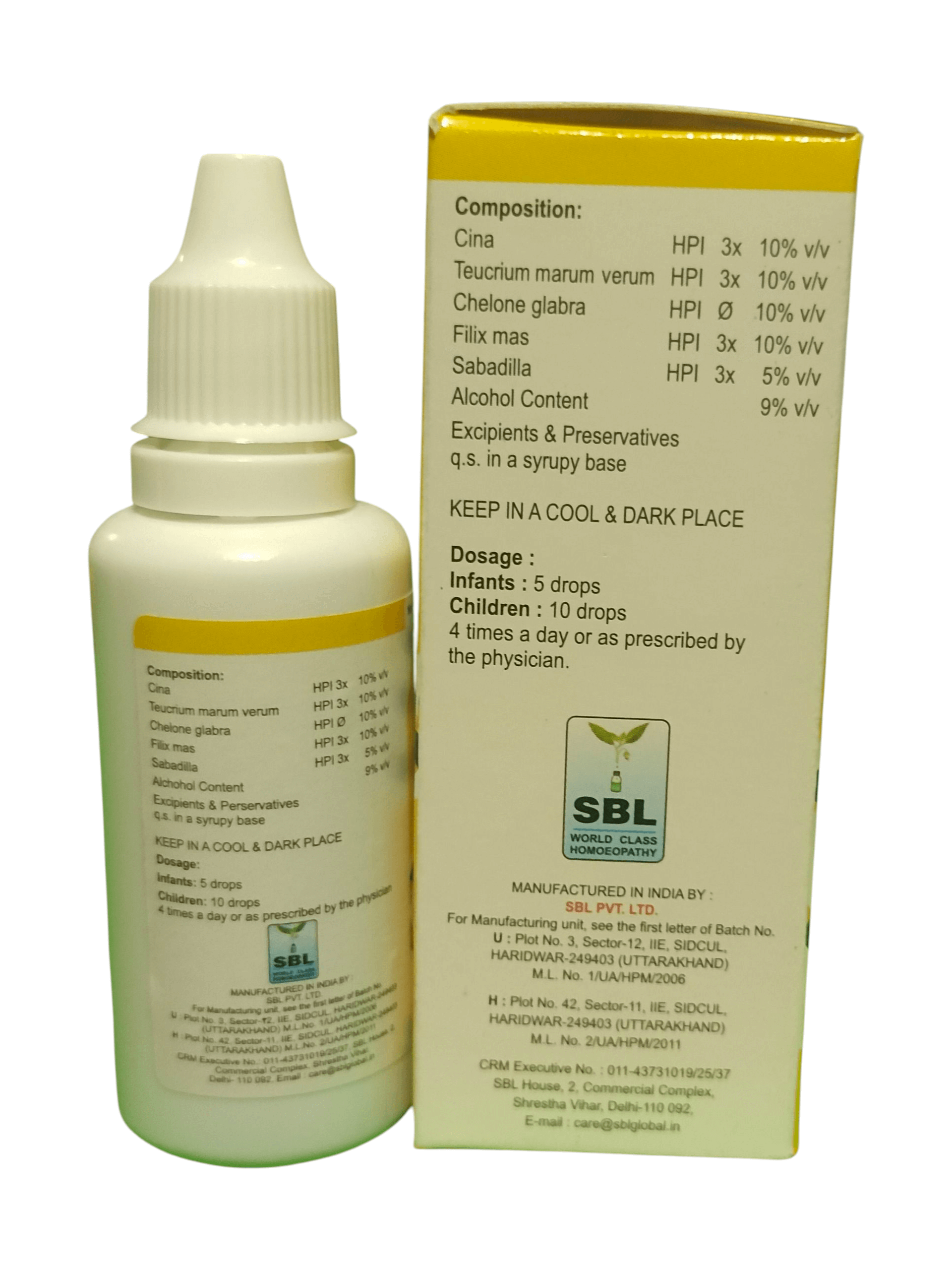 SBL WORMORID DROPS HOMEOPATHIC MEDICINE 30ML product label showing composition and dosage instructions.