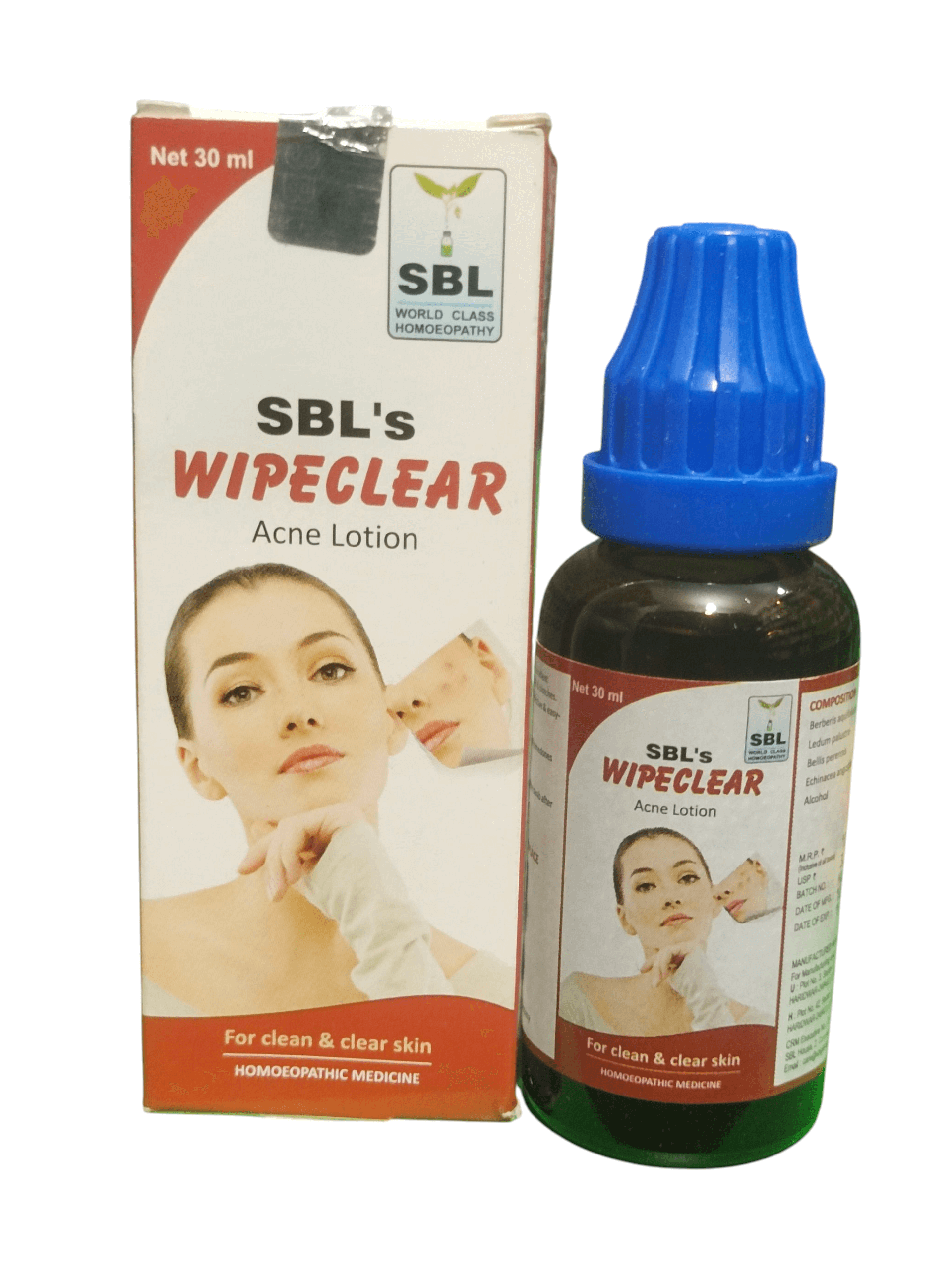 SBL WIPECLEAR ACNE LOTION HOMEOPATHIC MEDICINE 30ML bottle and packaging for clear skin