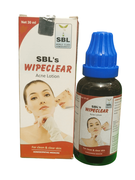 SBL WIPECLEAR ACNE LOTION HOMEOPATHIC MEDICINE 30ML bottle and packaging for clear skin