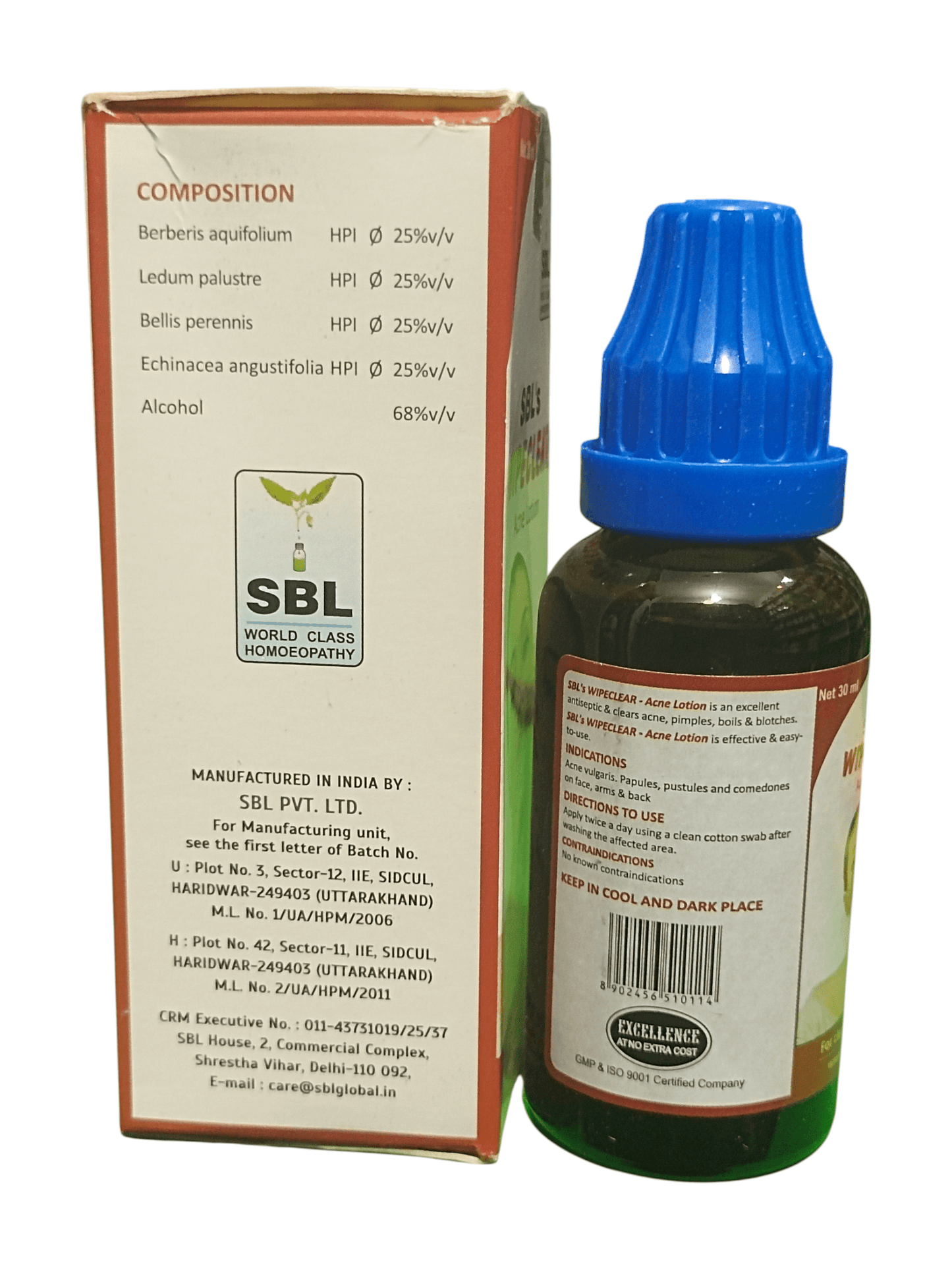 SBL WIPECLEAR ACNE LOTION HOMEOPATHIC MEDICINE 30ML packaging side view with composition details.