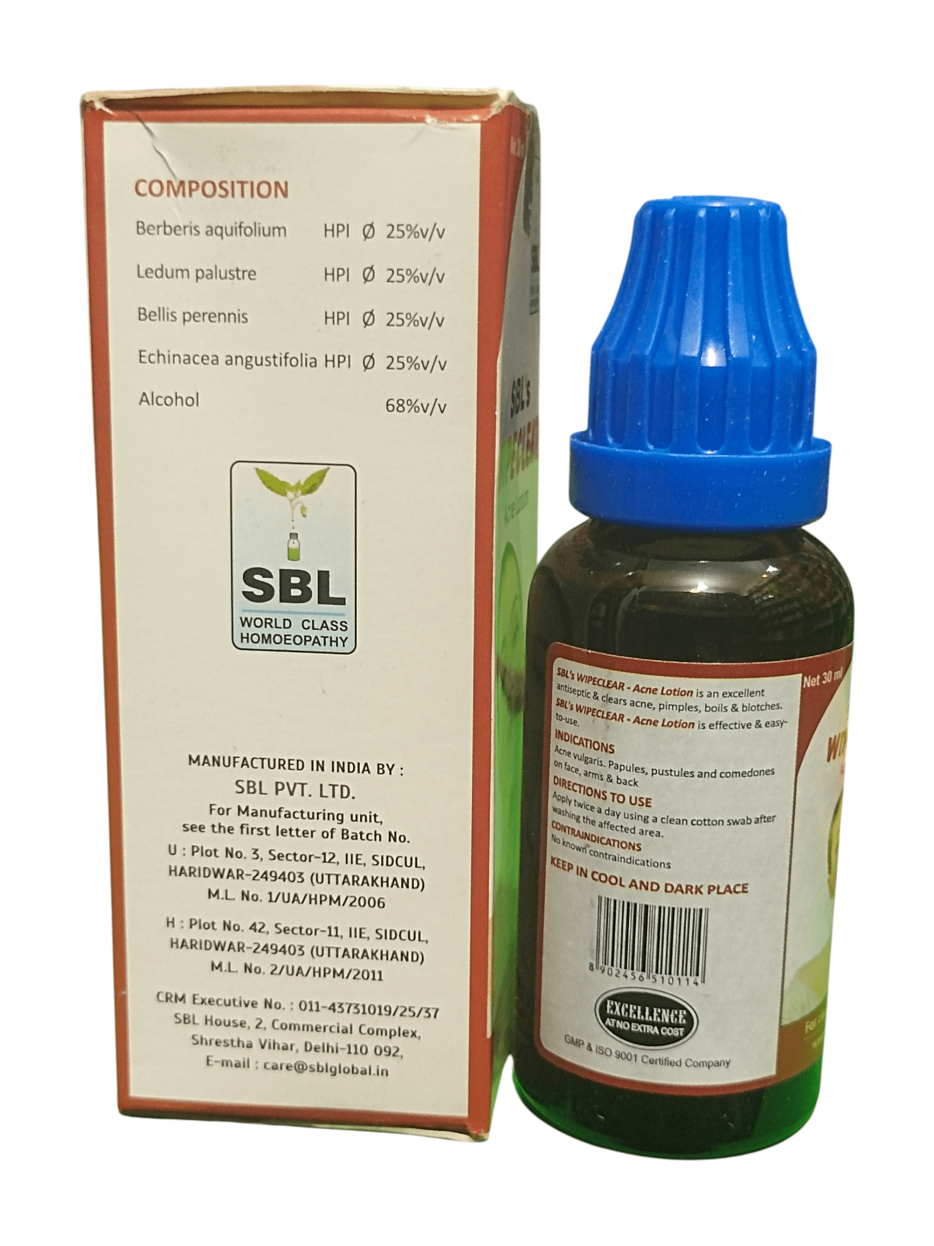 SBL WIPECLEAR ACNE LOTION HOMEOPATHIC MEDICINE 30ML packaging side view with composition details.