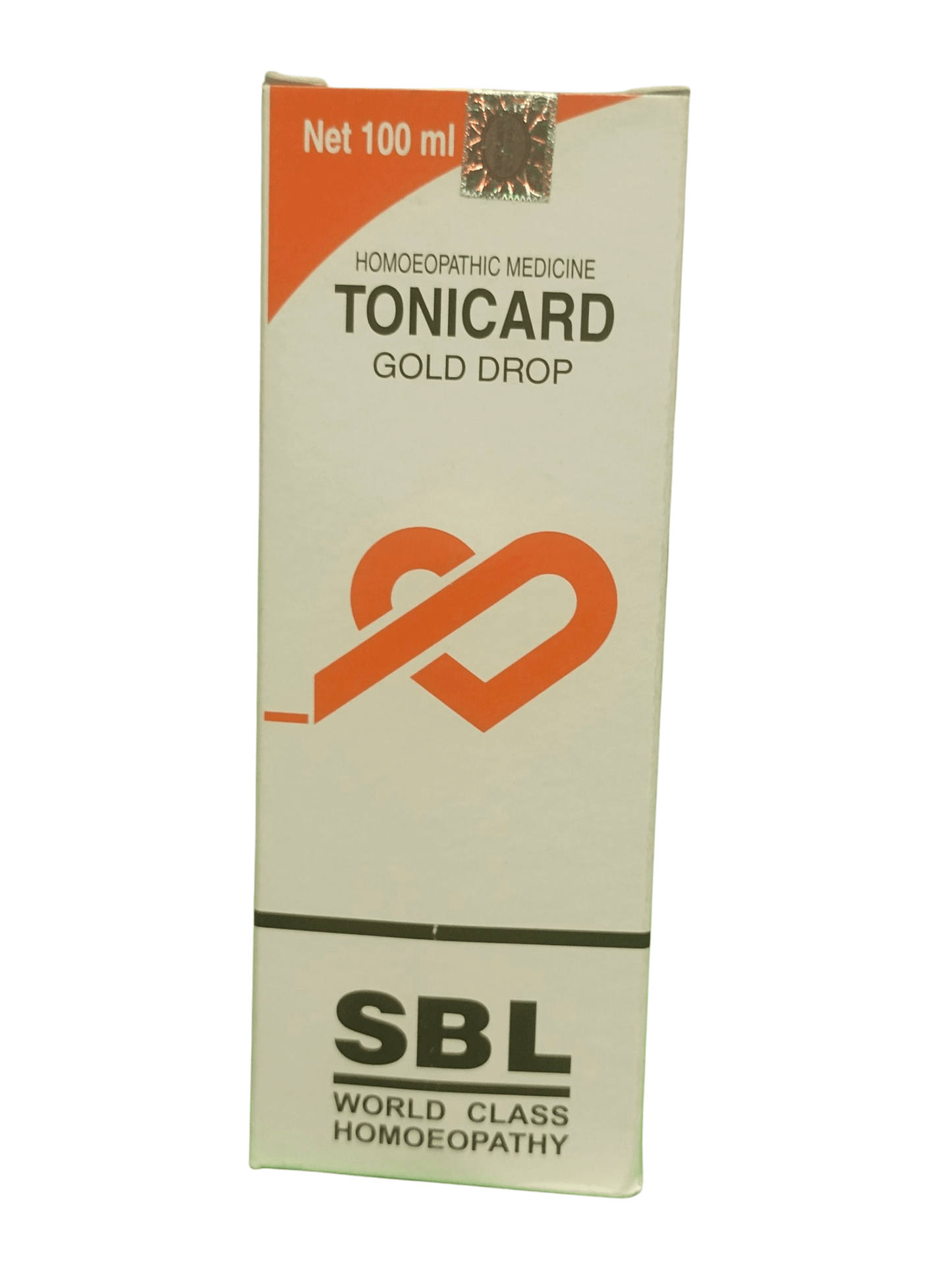 SBL TONICARD GOLD DROP HOMEOPATHIC MEDICINE 100ML packaging display.