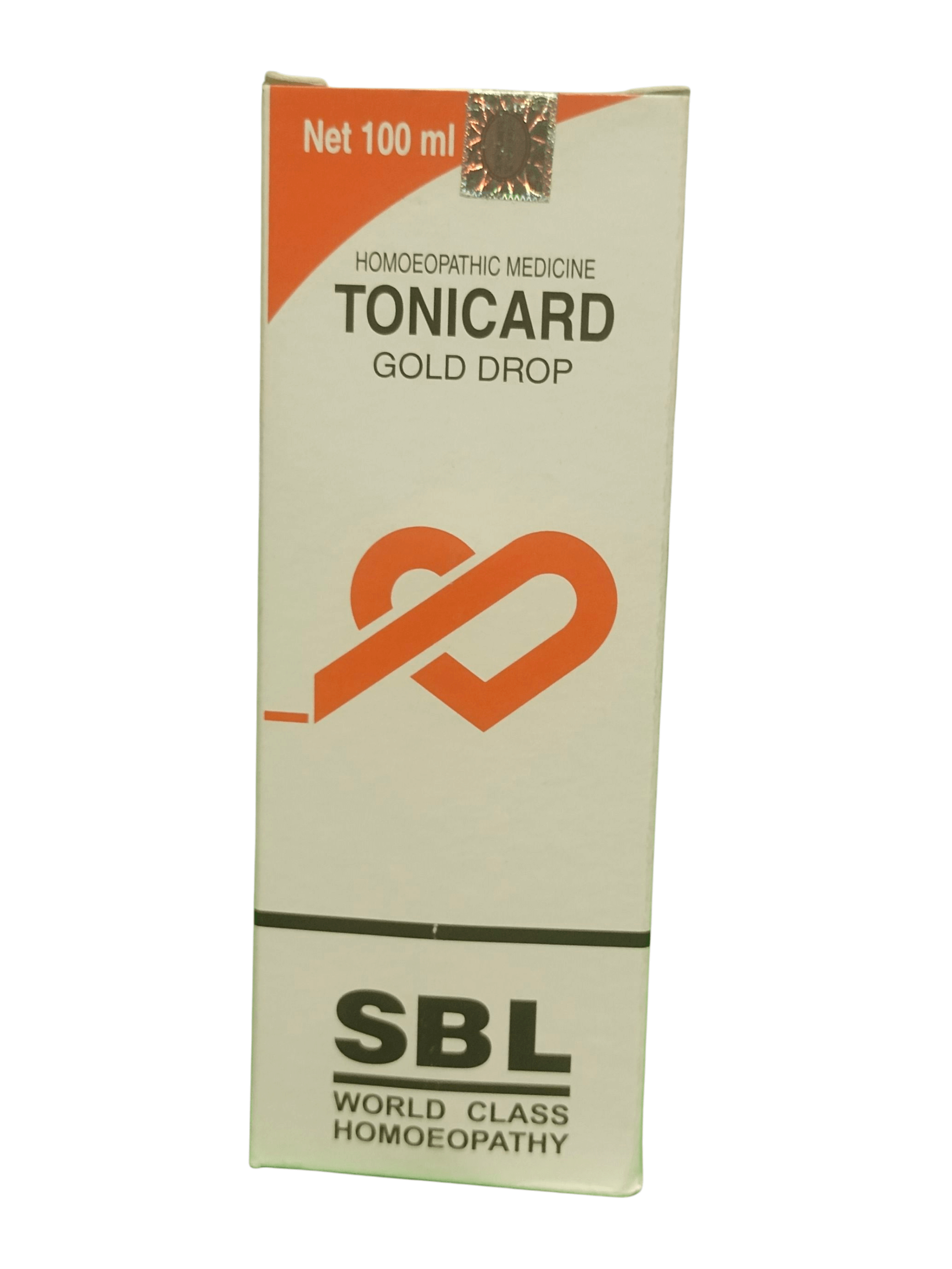SBL TONICARD GOLD DROP HOMEOPATHIC MEDICINE 100ML packaging display.