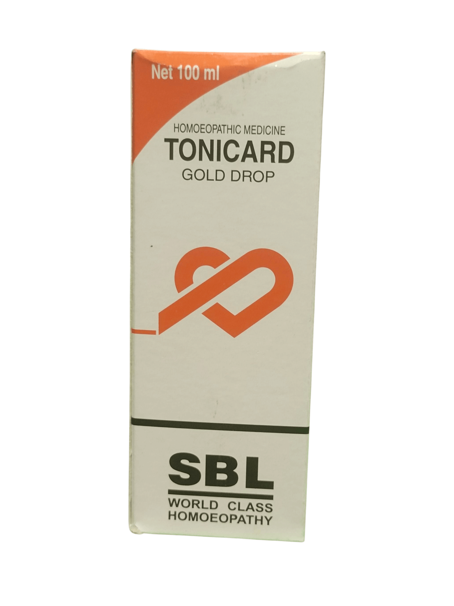 SBL TONICARD GOLD DROP HOMEOPATHIC MEDICINE 100ML packaging image showing product details and branding.