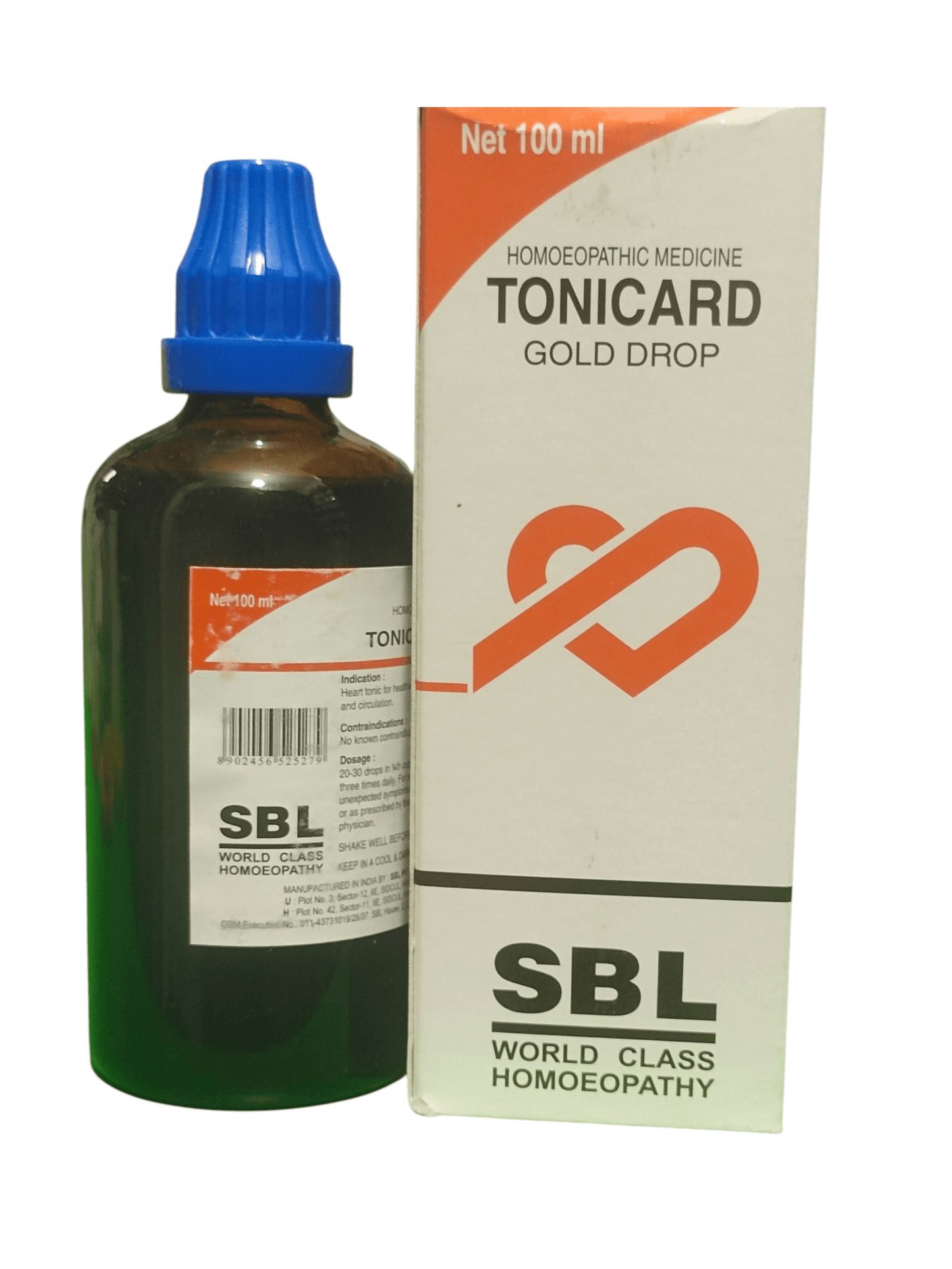 SBL TONICARD GOLD DROP HOMEOPATHIC MEDICINE 100ML bottle and packaging displayed together.