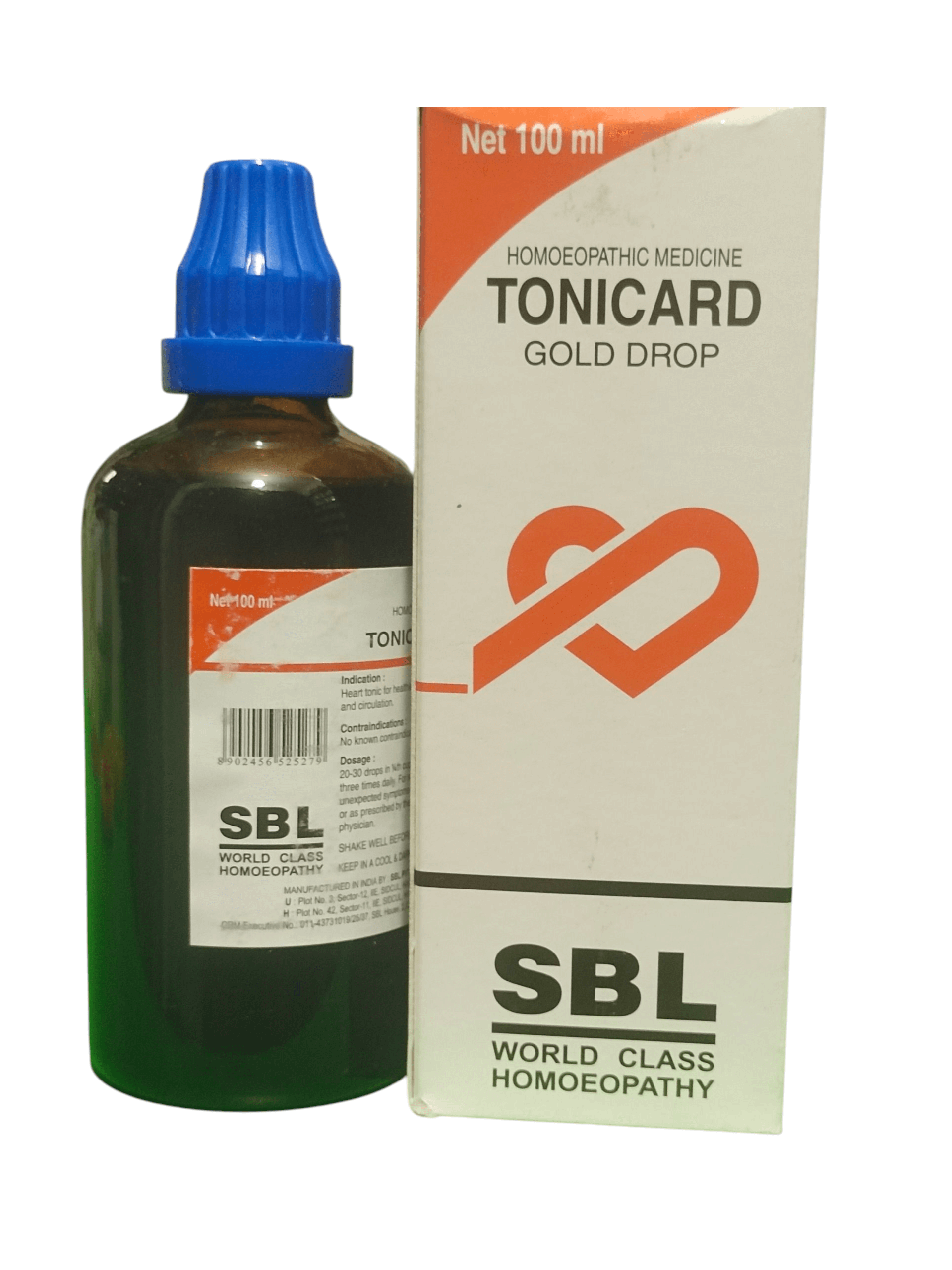 SBL TONICARD GOLD DROP HOMEOPATHIC MEDICINE 100ML bottle and packaging displayed together.