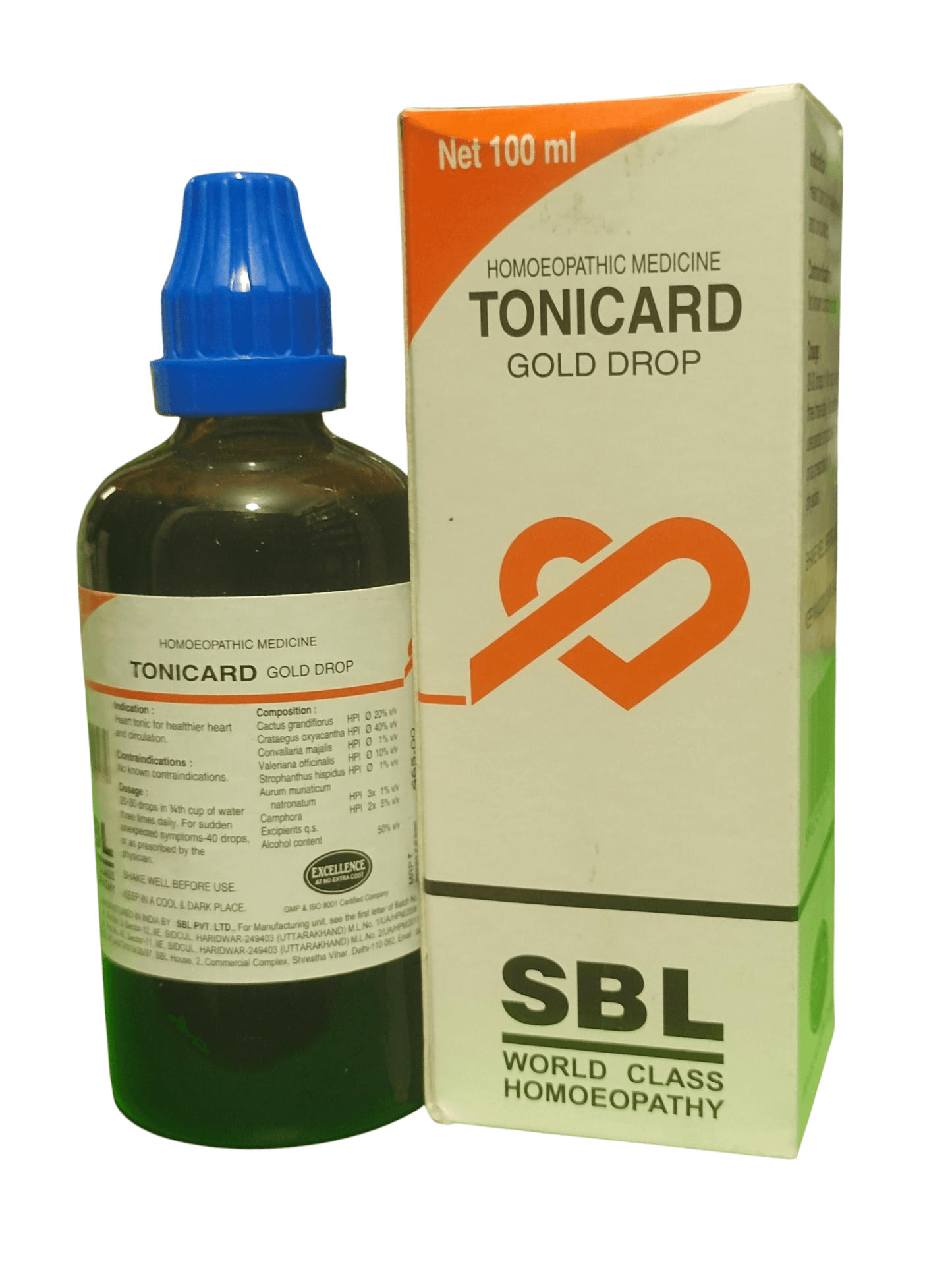 SBL TONICARD GOLD DROP HOMEOPATHIC MEDICINE 100ML bottle and packaging showing premium cardiac tonic.
