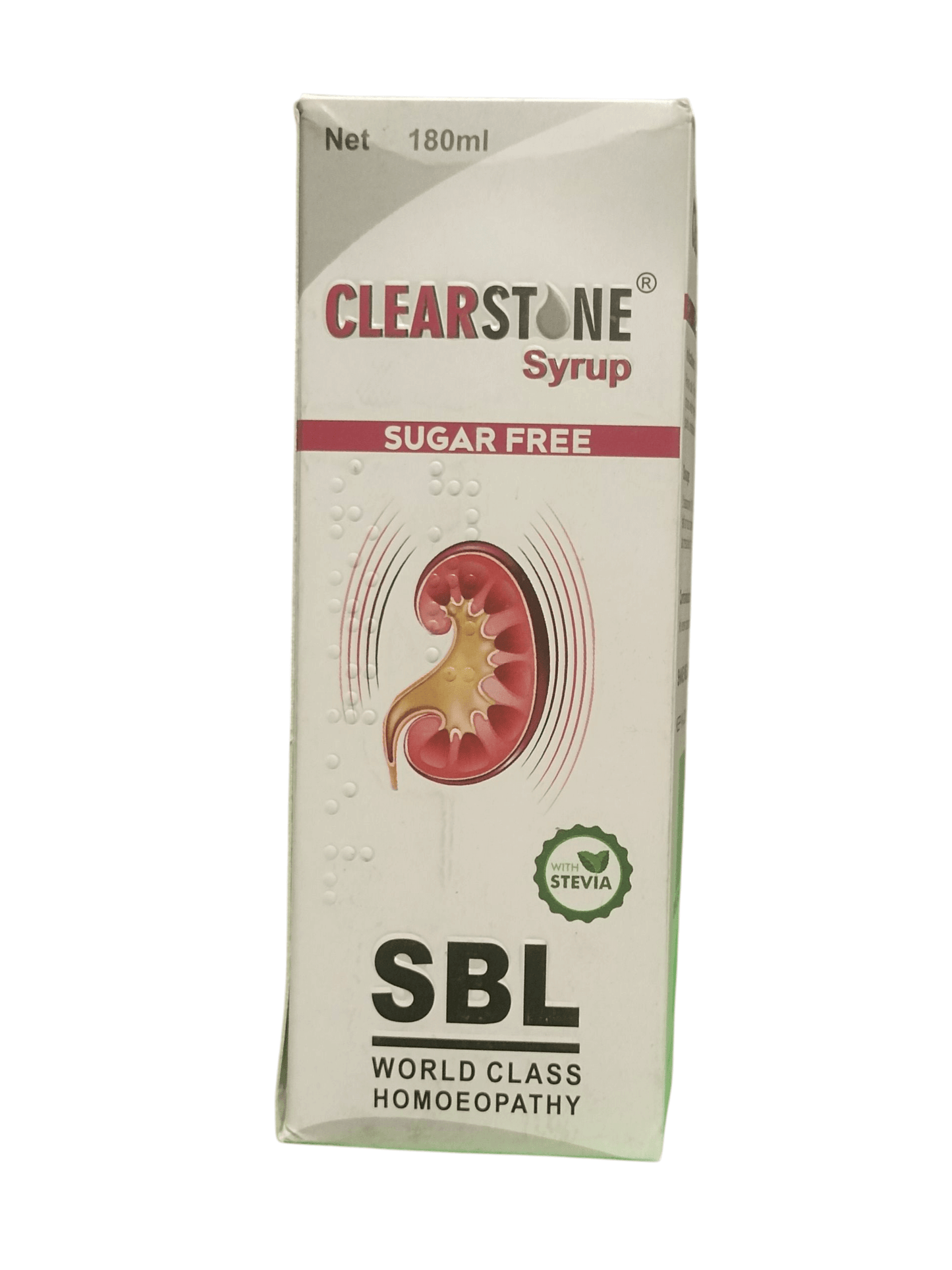 SBL CLEARSTONE SYRUP SUGAR FREE HOMEOPATHIC MEDICINE 200ML packaging with kidney graphic design