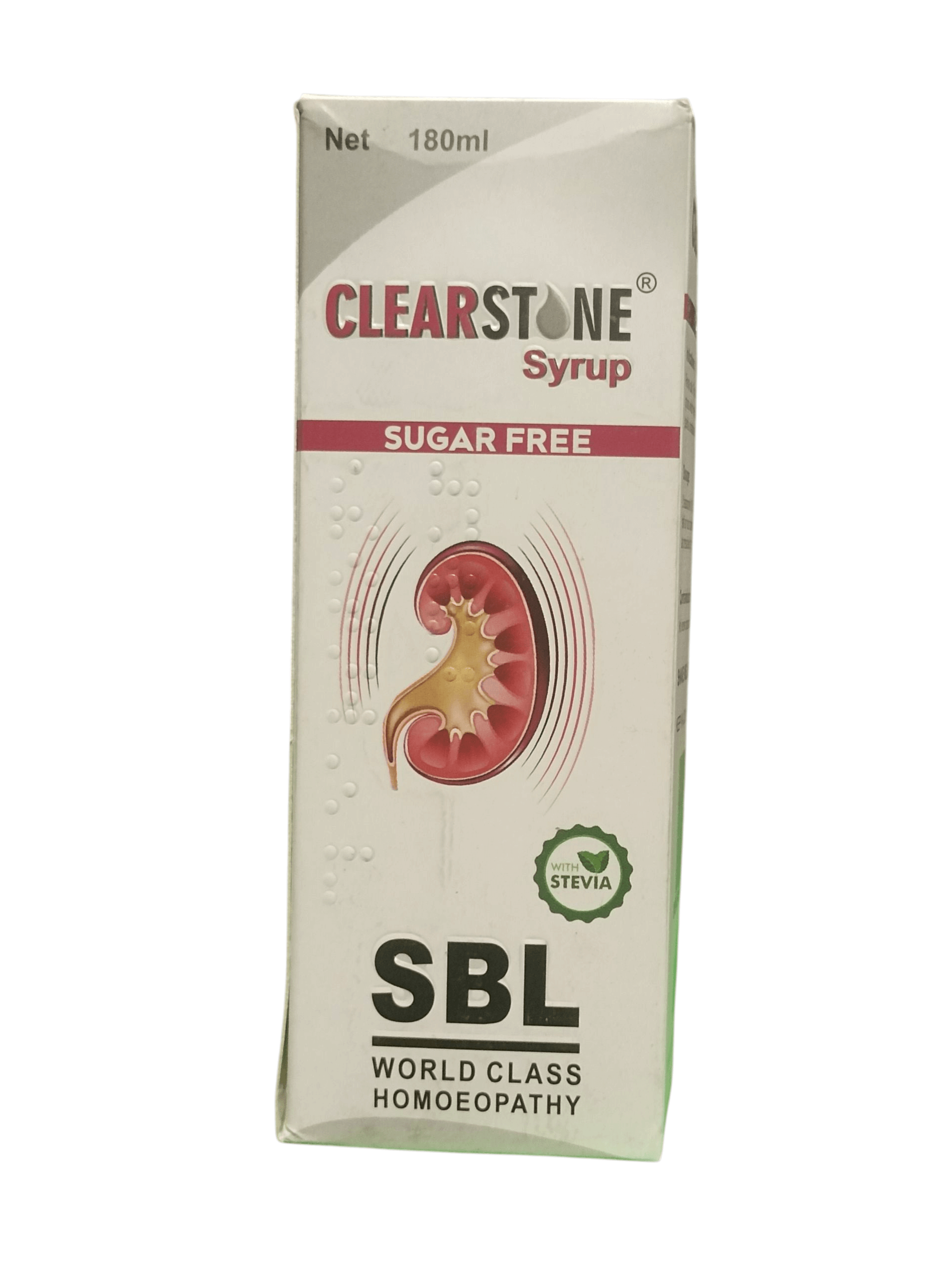 SBL CLEARSTONE SYRUP SUGAR FREE HOMEOPATHIC MEDICINE 200ML packaging with kidney graphic design