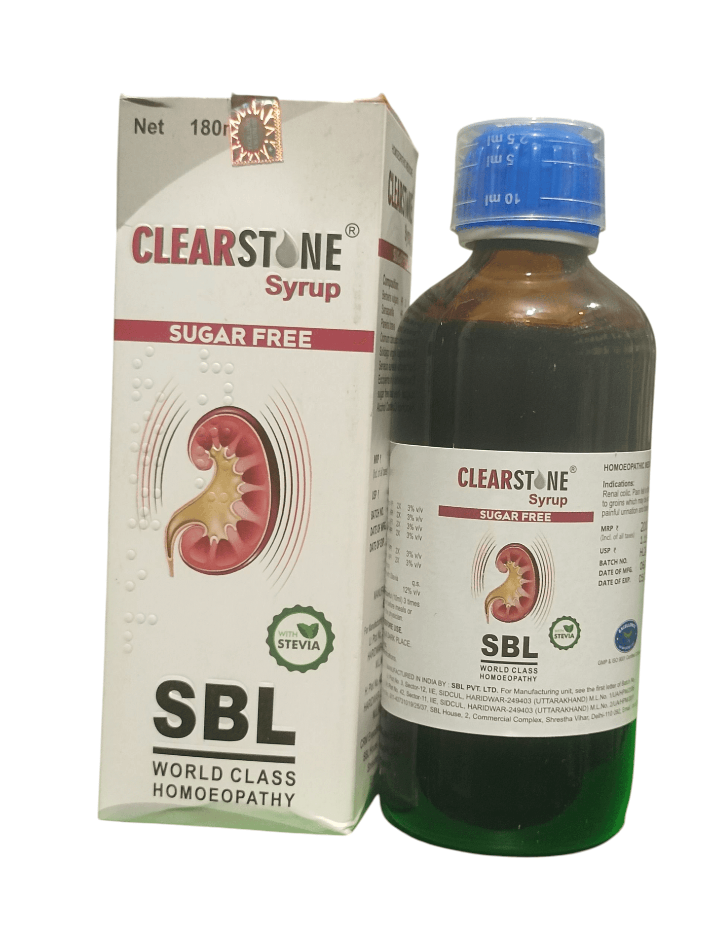 SBL CLEARSTONE SYRUP SUGAR FREE HOMEOPATHIC MEDICINE 200ML in a bottle with box, used for kidney stone relief.