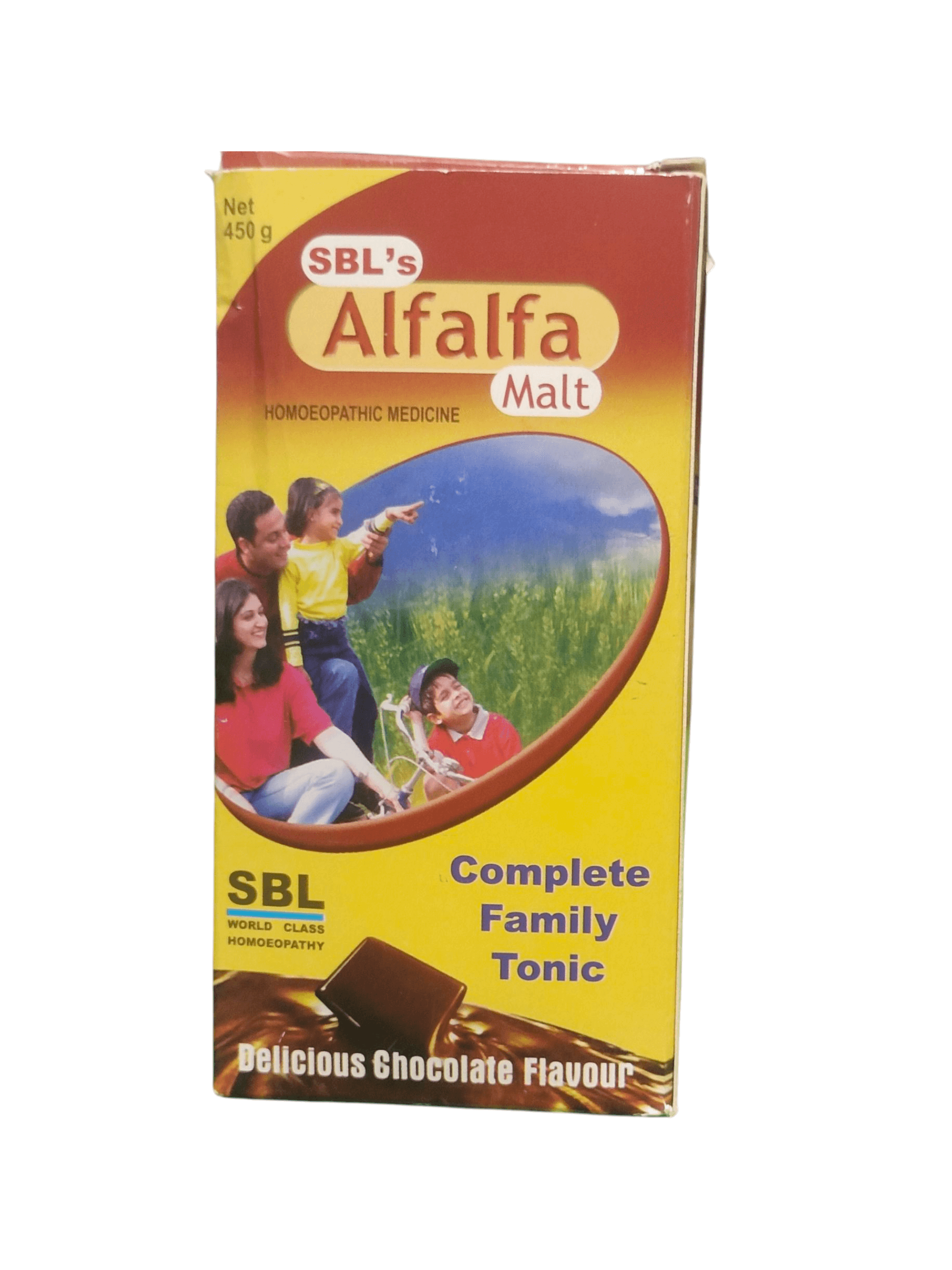 SBL ALFALFA MALT HOMEOPATHIC MEDICINE 450G box showcasing complete family tonic with delicious chocolate flavor.