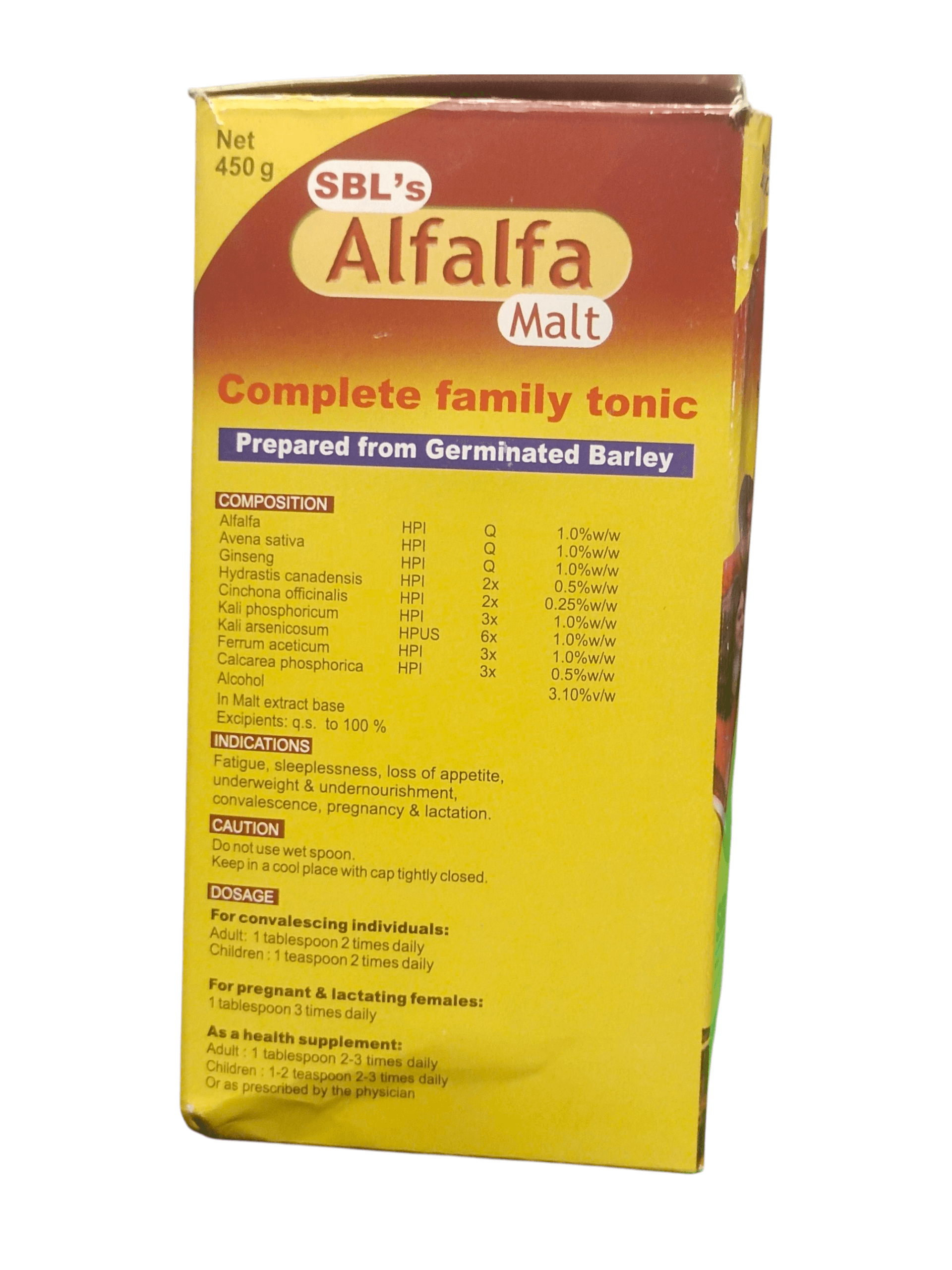 SBL ALFALFA MALT HOMEOPATHIC MEDICINE 450G packaging showing composition and benefits for appetite and digestion.