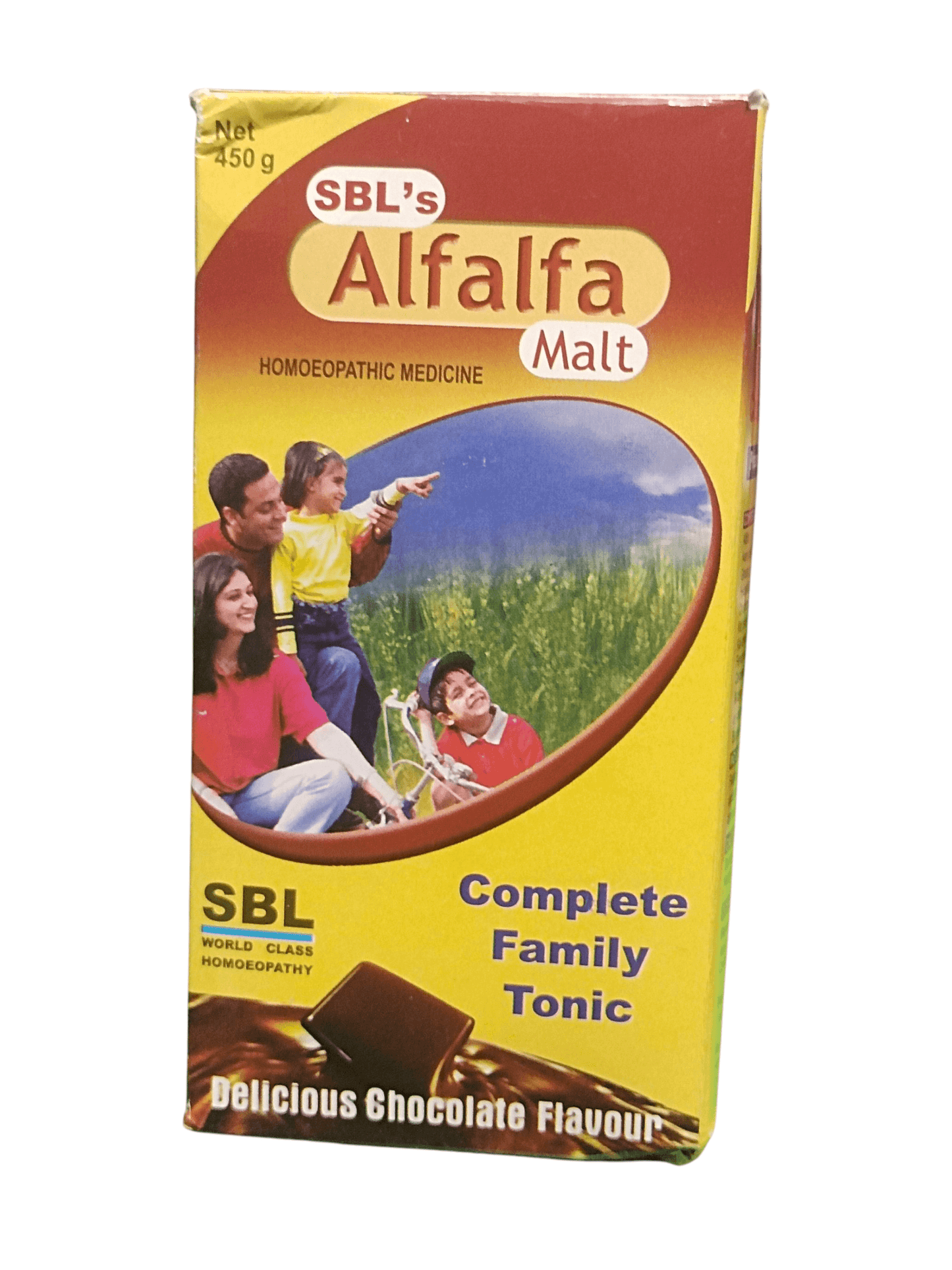 SBL ALFALFA MALT HOMEOPATHIC MEDICINE 450G packaging with family enjoying outdoors.