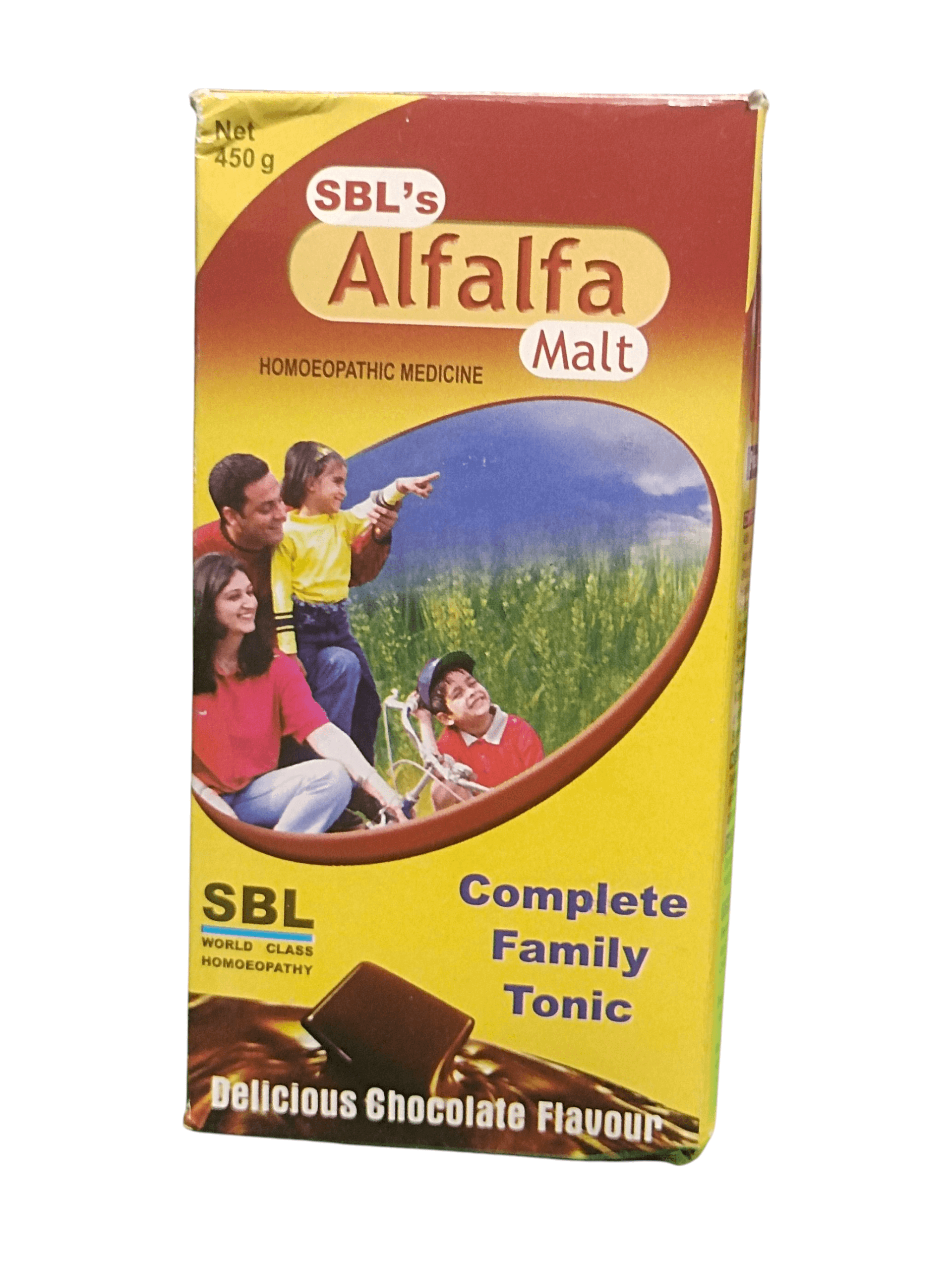 SBL ALFALFA MALT HOMEOPATHIC MEDICINE 450G packaging with family enjoying outdoors.