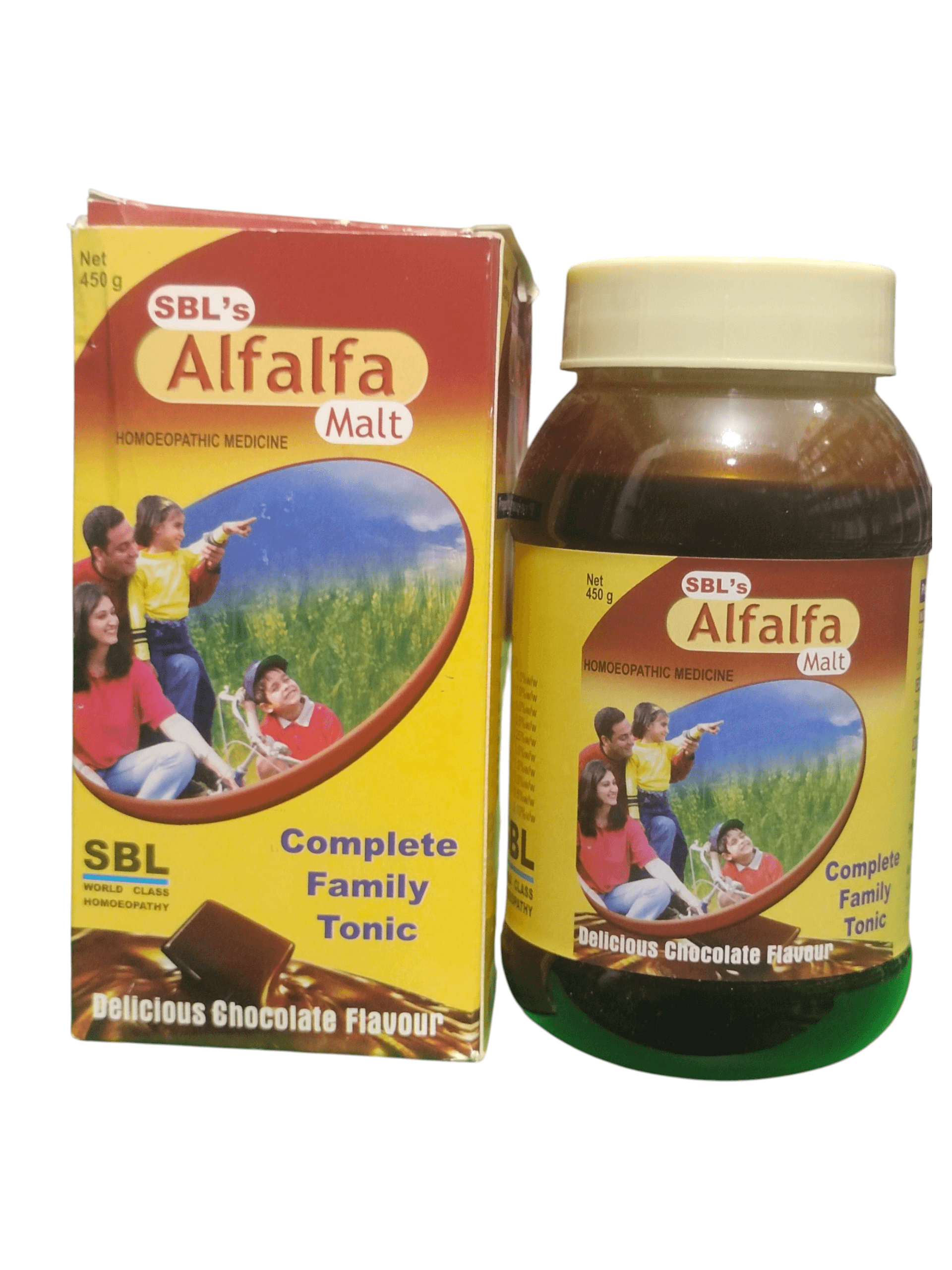 SBL ALFALFA MALT HOMEOPATHIC MEDICINE 450G in a bottle with packaging for complete family tonic.