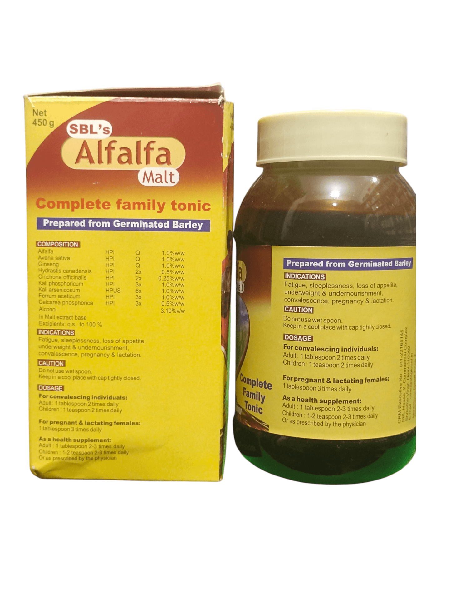 SBL ALFALFA MALT HOMEOPATHIC MEDICINE 450G in a bottle and its packaging with details on benefits.
