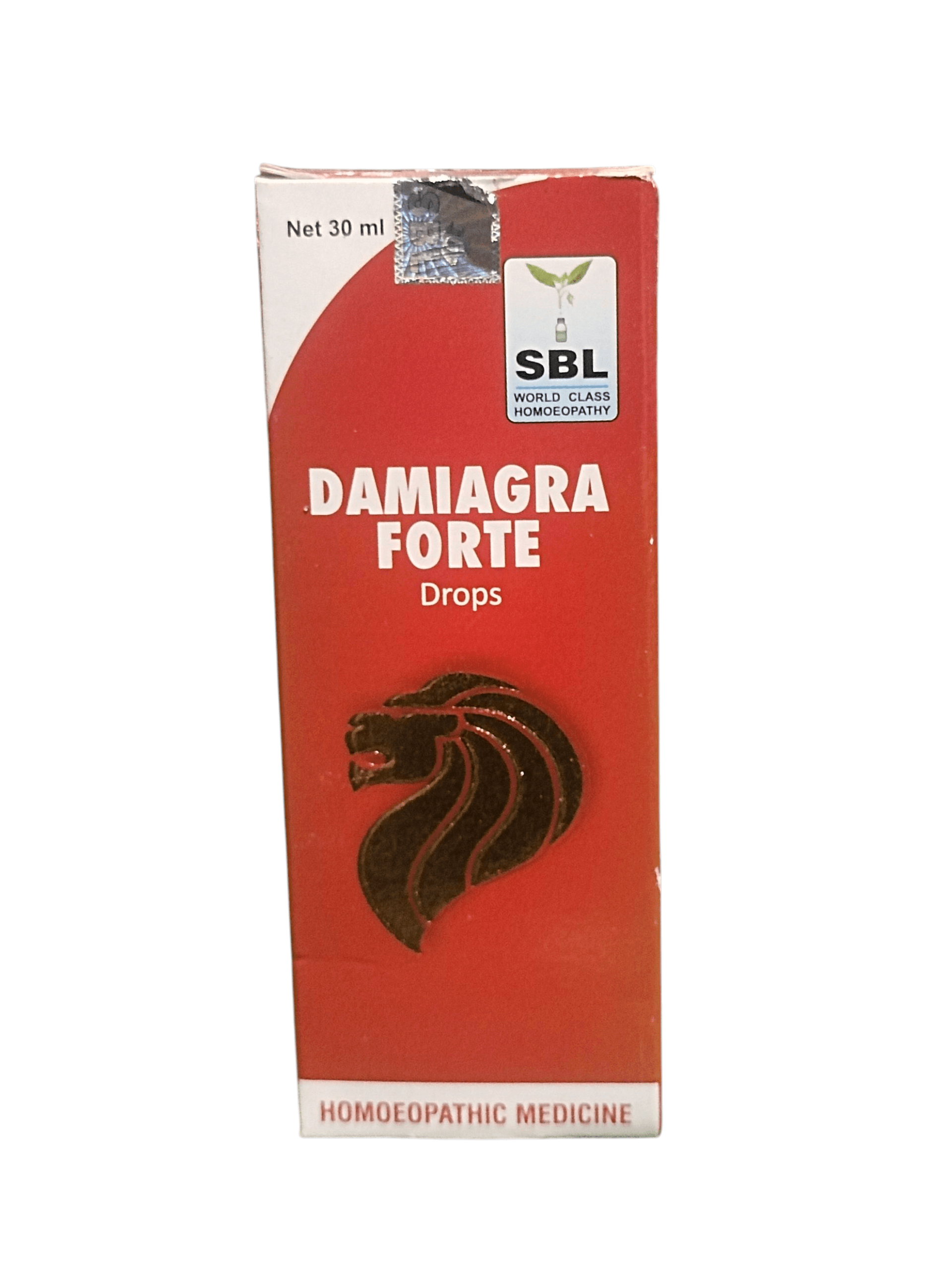 SBL DAMIAGRA FORTE DROPS HOMEOPATHIC MEDICINE 30ML packaging for male vitality and performance support.