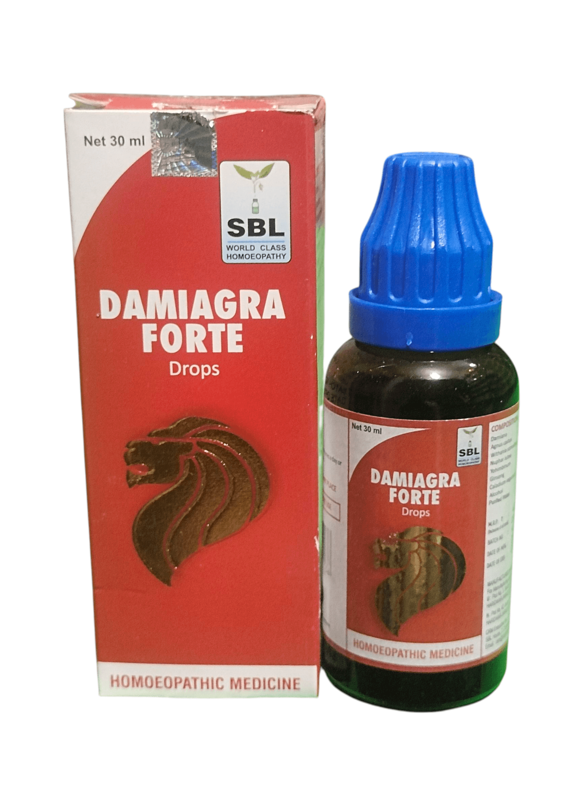 SBL DAMIAGRA FORTE DROPS HOMEOPATHIC MEDICINE 30ML with packaging and dropper bottle.