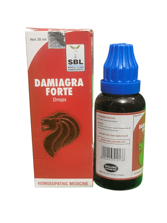 SBL DAMIAGRA FORTE DROPS HOMEOPATHIC MEDICINE 30ML in a bottle with packaging.