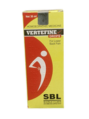 SBL VERTIFINE DROPS FOR LOWER BACK PAIN HOMEOPATHIC MEDICINE 30ML packaging with details on lower back pain relief.