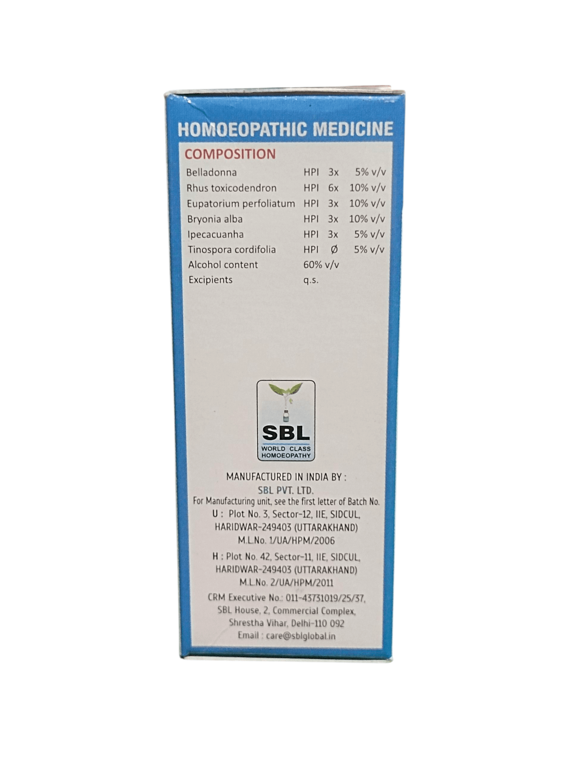SBL ACHE-NIL DROPS FOR VIRAL IONFECTION HOMEOPATHIC MEDICINE 30ML packaging with composition details.