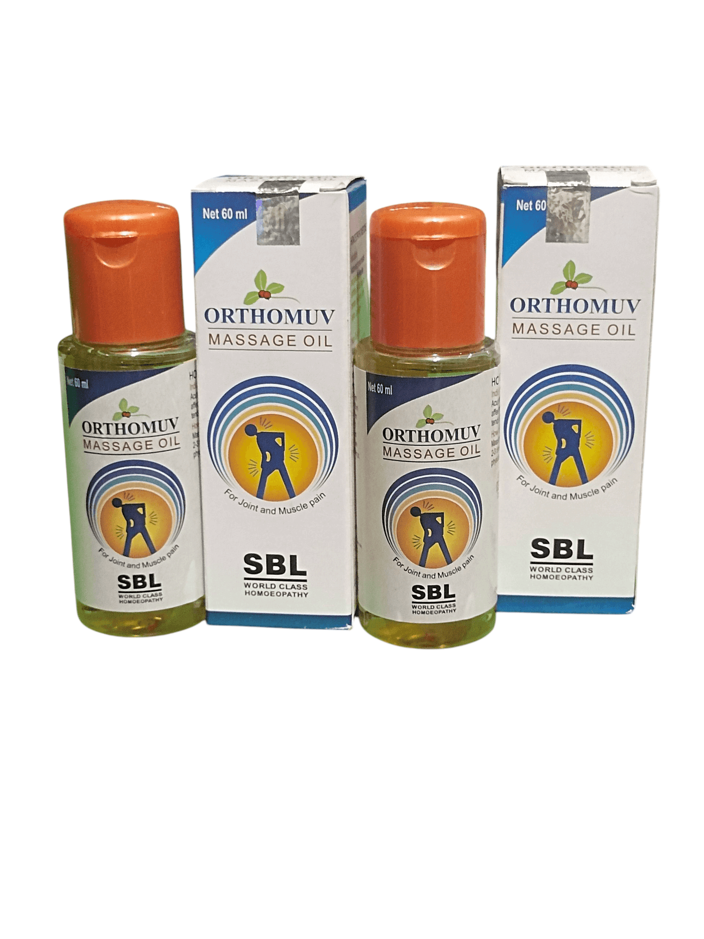 SBL ORTHOMUV MASSAGE OIL HOMEOPATHIC MEDICINE 60ML. (PACK OF 2) bottles for joint pain relief.