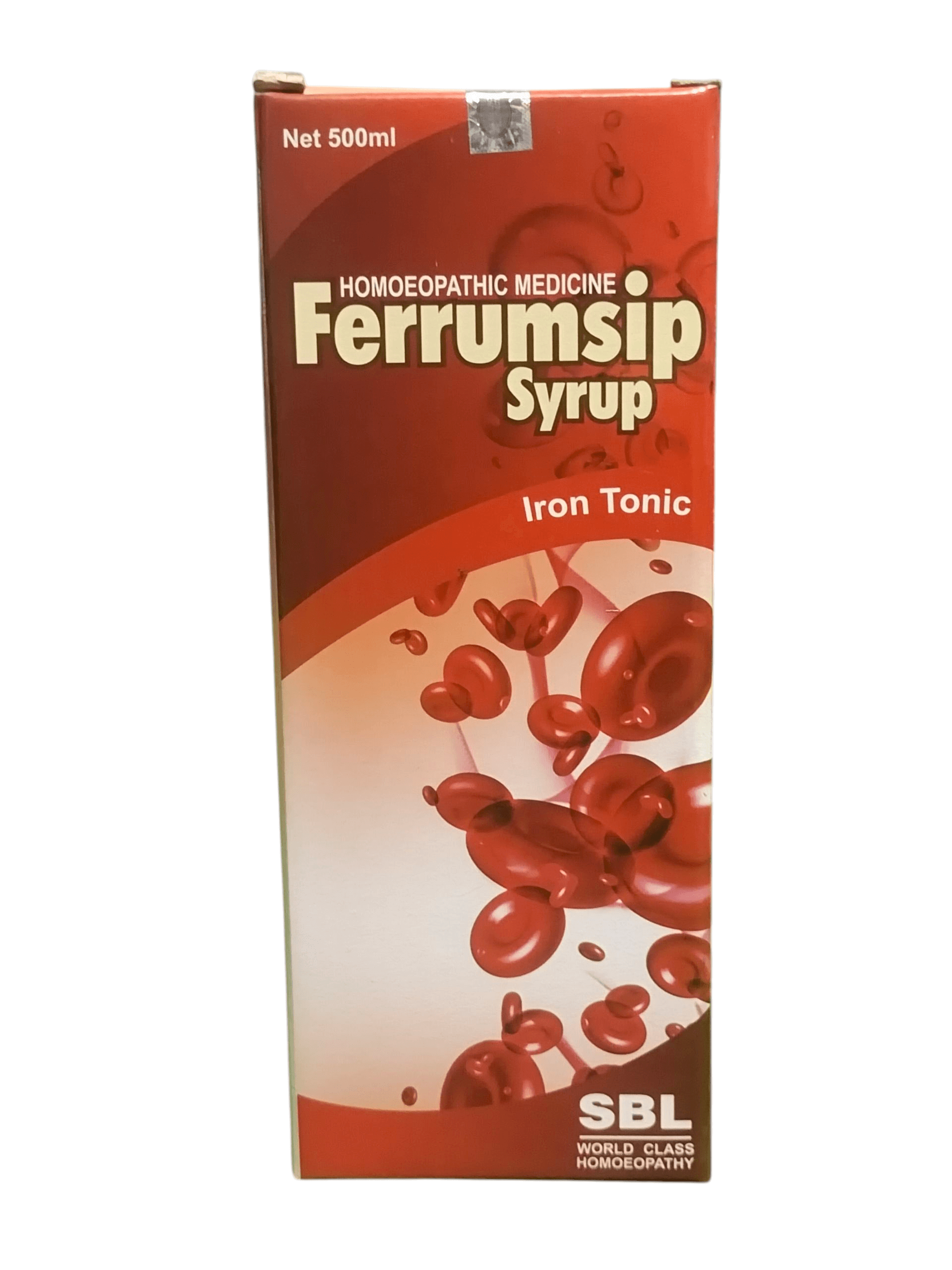 SBL FERRUMSHIP SYRUP IRON TONIC HOMEOPATHIC MEDICINE 500ML packaging with red blood cells design.