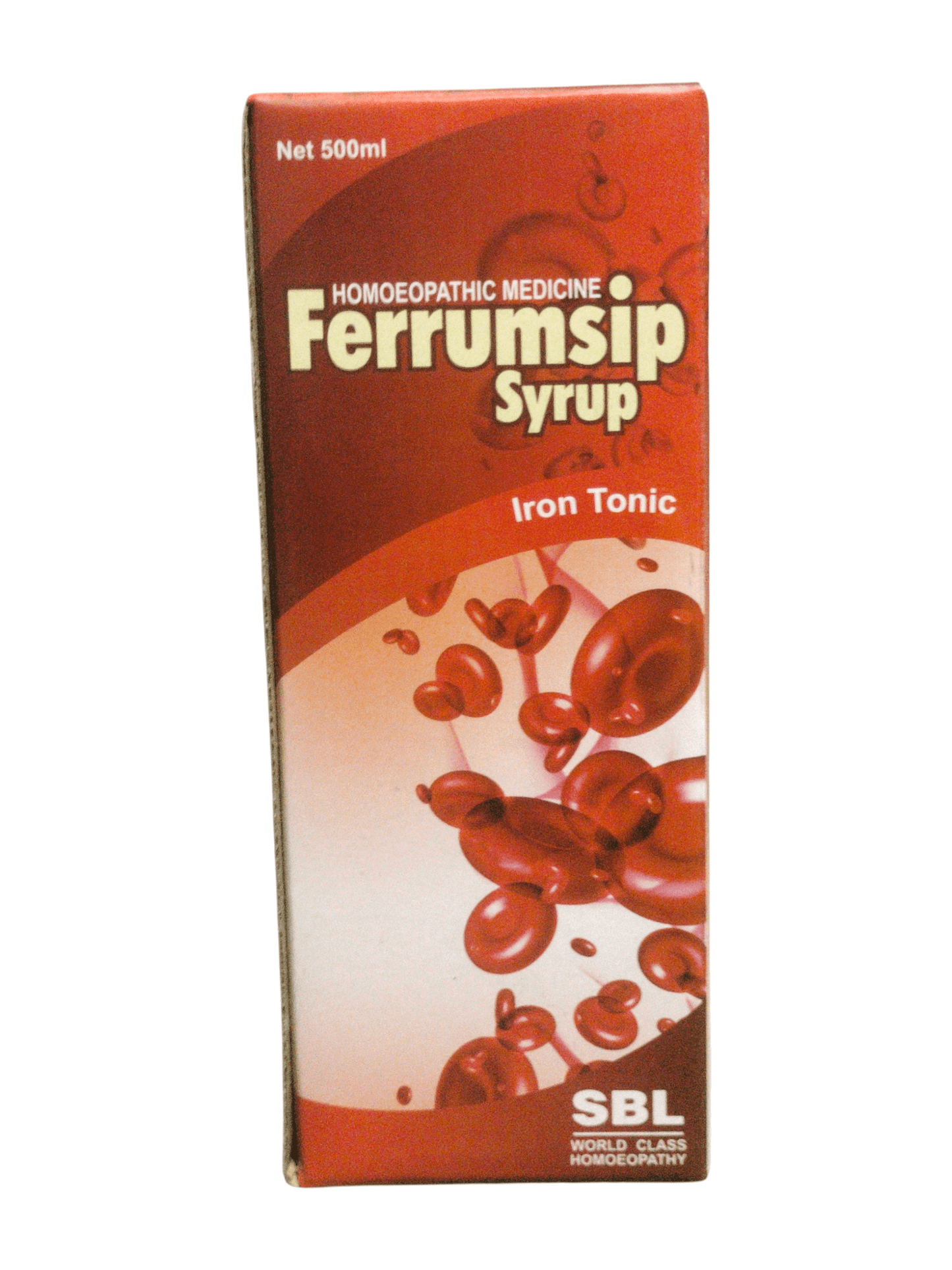 SBL FERRUMSHIP SYRUP IRON TONIC HOMEOPATHIC MEDICINE 500ML product packaging with vibrant red design.