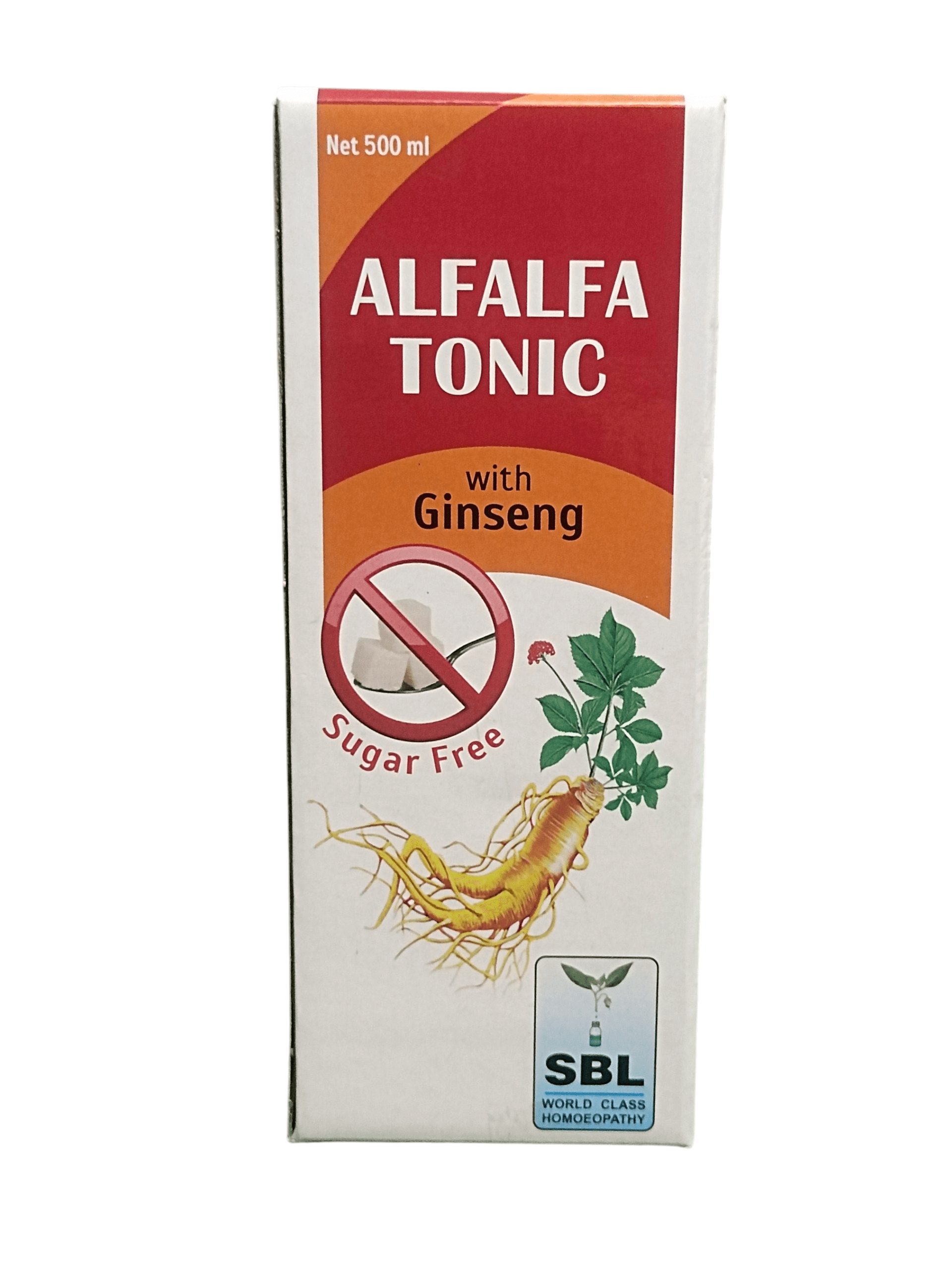 SBL ALFALFA TONIC WITH GINSENG HOMEOPATHIC MEDICINE 500ML packaging showcasing sugar-free benefits.