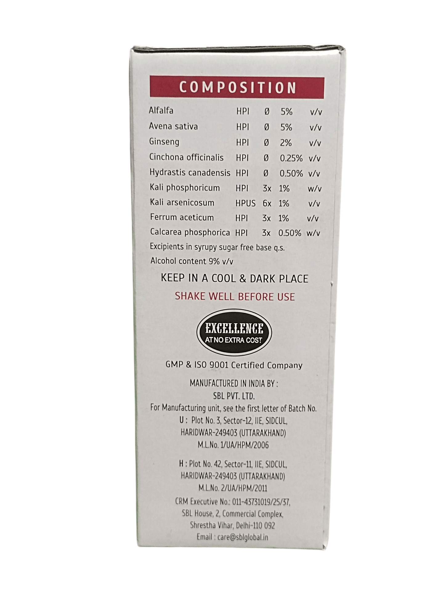 Composition of SBL ALFALFA TONIC WITH GINSENG HOMEOPATHIC MEDICINE 500ML showing ingredients and usage instructions.