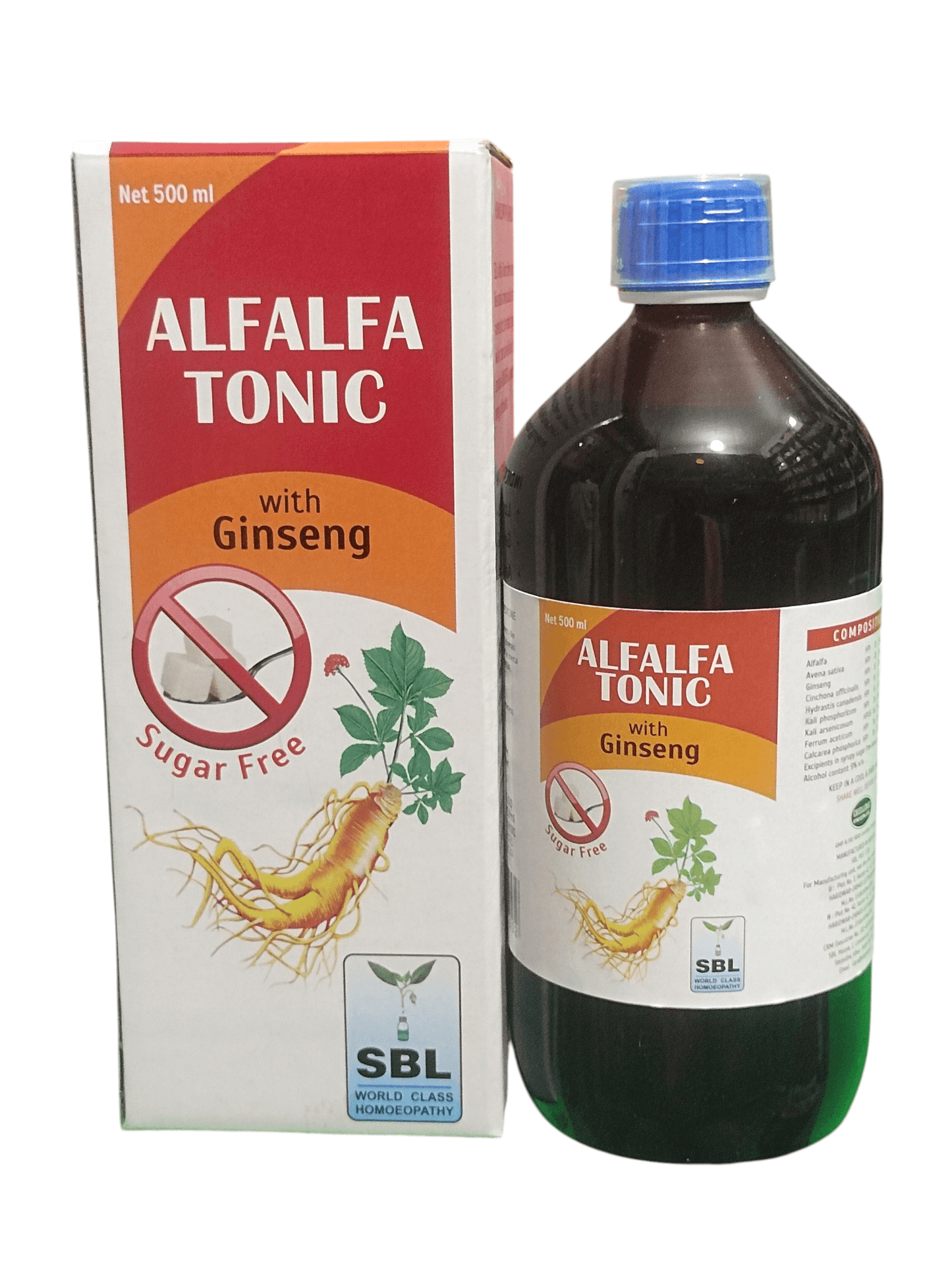 SBL ALFALFA TONIC WITH GINSENG HOMEOPATHIC MEDICINE 500ML in a bottle and box, health tonic for energy and recovery.