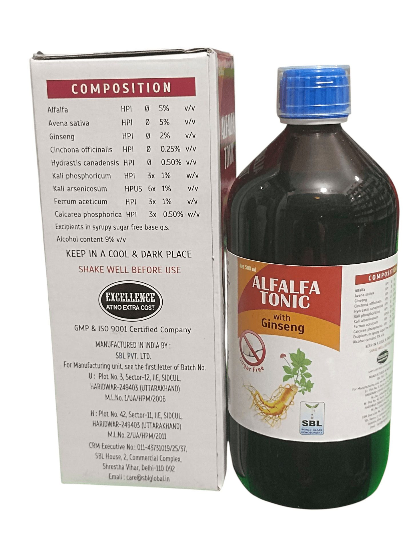 SBL ALFALFA TONIC WITH GINSENG HOMEOPATHIC MEDICINE 500ML product packaging and bottle for health supplement