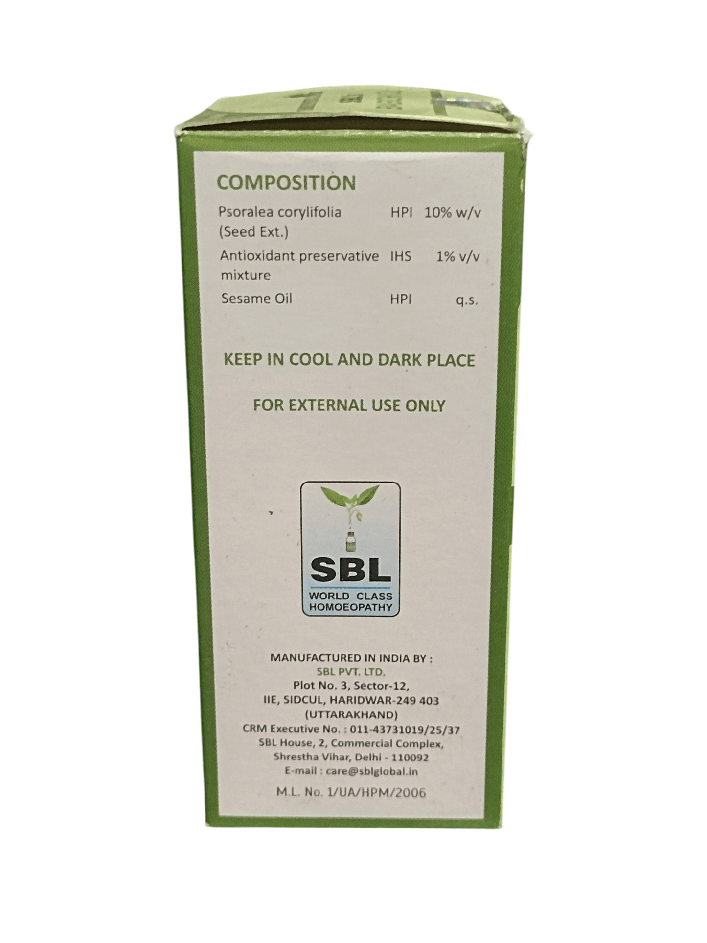 SBL BABCHI OIL HOMEOPATHIC MEDICINE 60ML composition details including Psoralea corylifolia and preservatives.