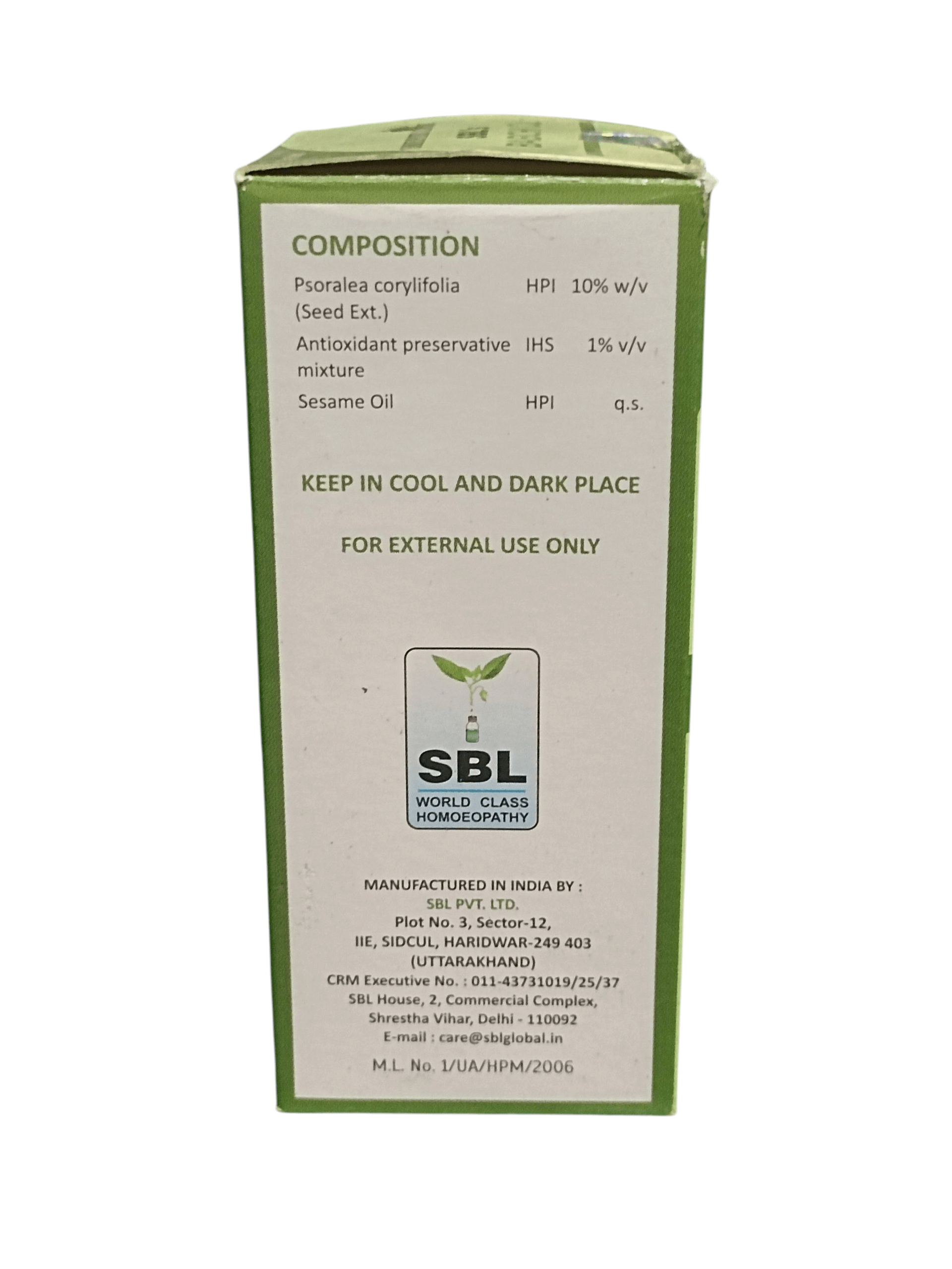SBL BABCHI OIL HOMEOPATHIC MEDICINE 60ML composition details including Psoralea corylifolia and preservatives.