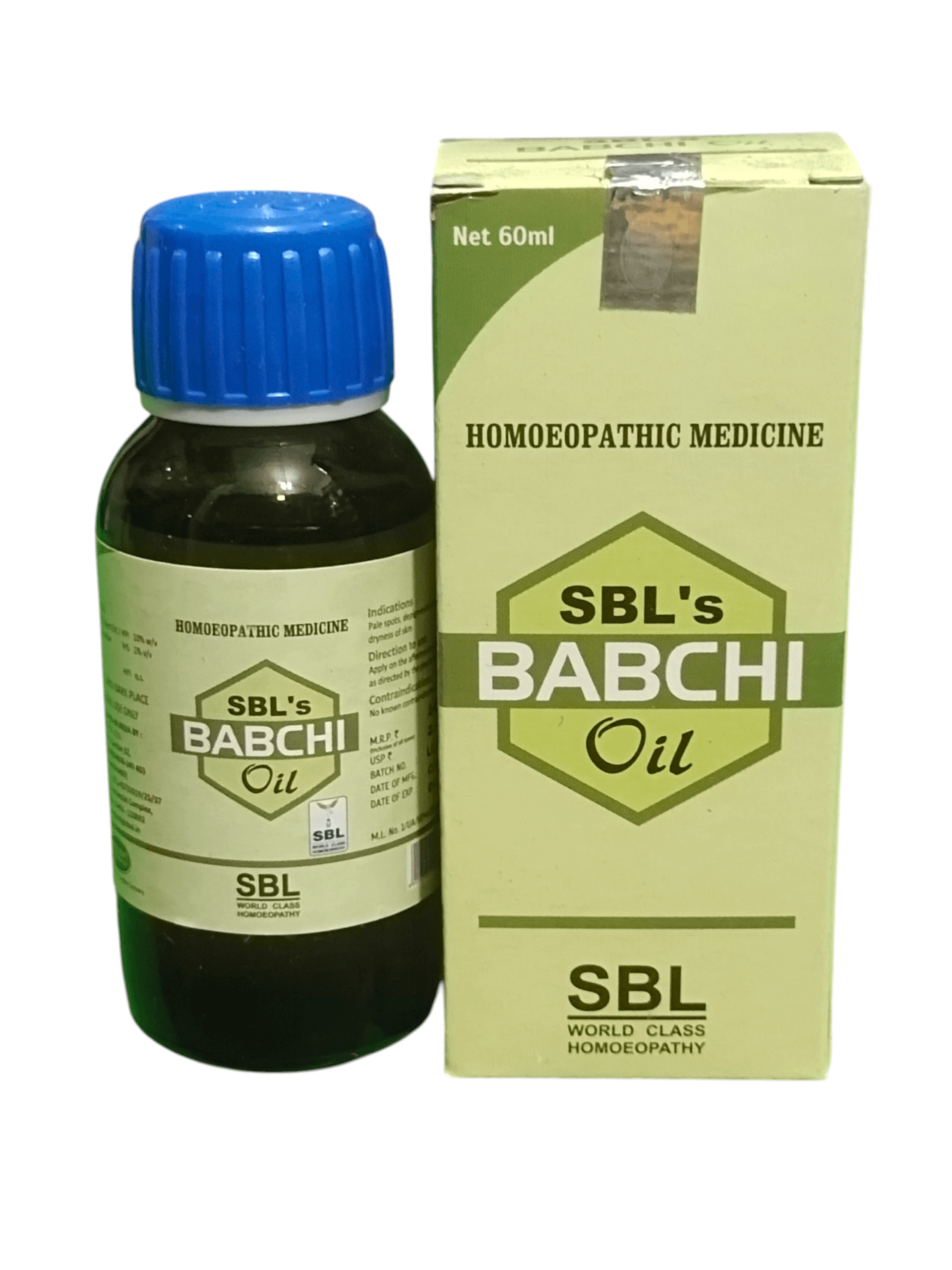 SBL BABCHI OIL HOMEOPATHIC MEDICINE 60ML bottle and packaging for skin pigmentation support