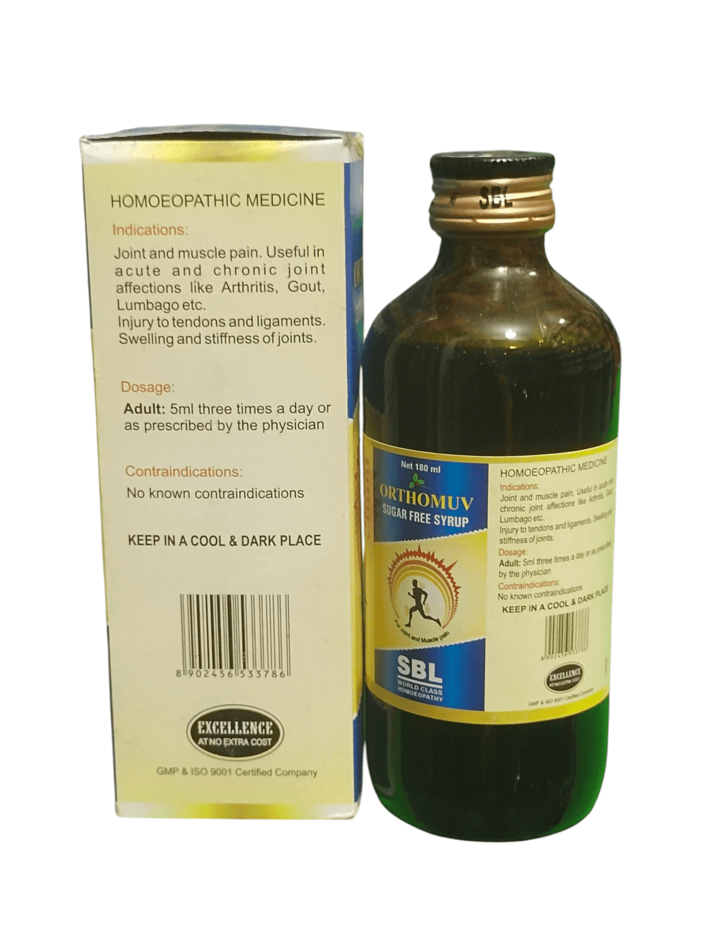 SBL ORTHOMUV SUGAR FREE SYRUP FOR JOINT AND MUSCLES PAIN HOMEOPATHIC MEDICINE 180ML bottle with label and indications