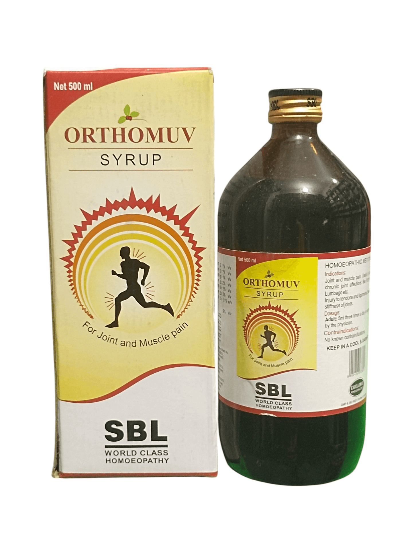 SBL ORTHOMUV SYRUP FOR JOINT AND MUSCLES PAIN HOMEOPATHIC MEDICINE 500ML in a bottle with packaging.